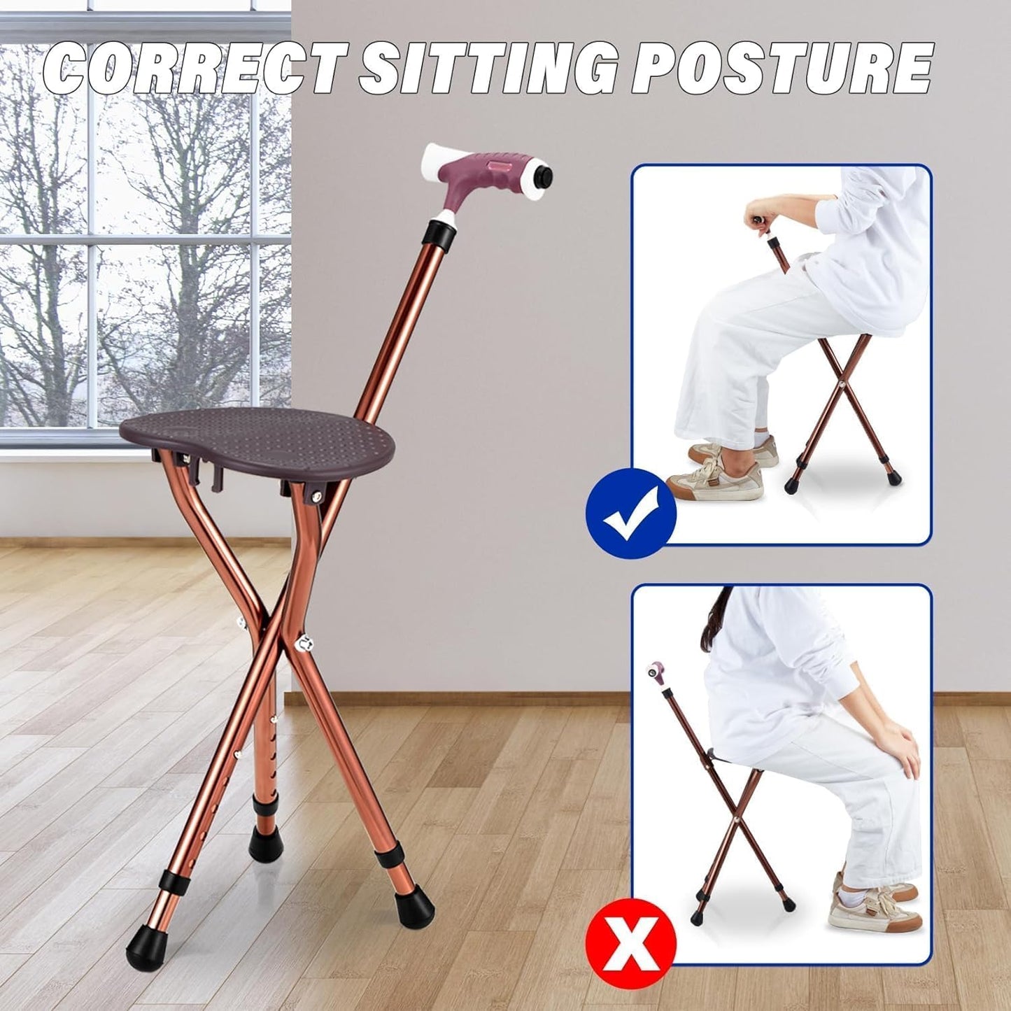 Heavy Duty Folding Cane with Seat Upgraded Tripod Design Walking Stick for Seniors Adjustable Height (32"-36") & Seat (18"-22") Portable Chair Cane for Travel Shopping Outdoor Supports up to 400 LBS