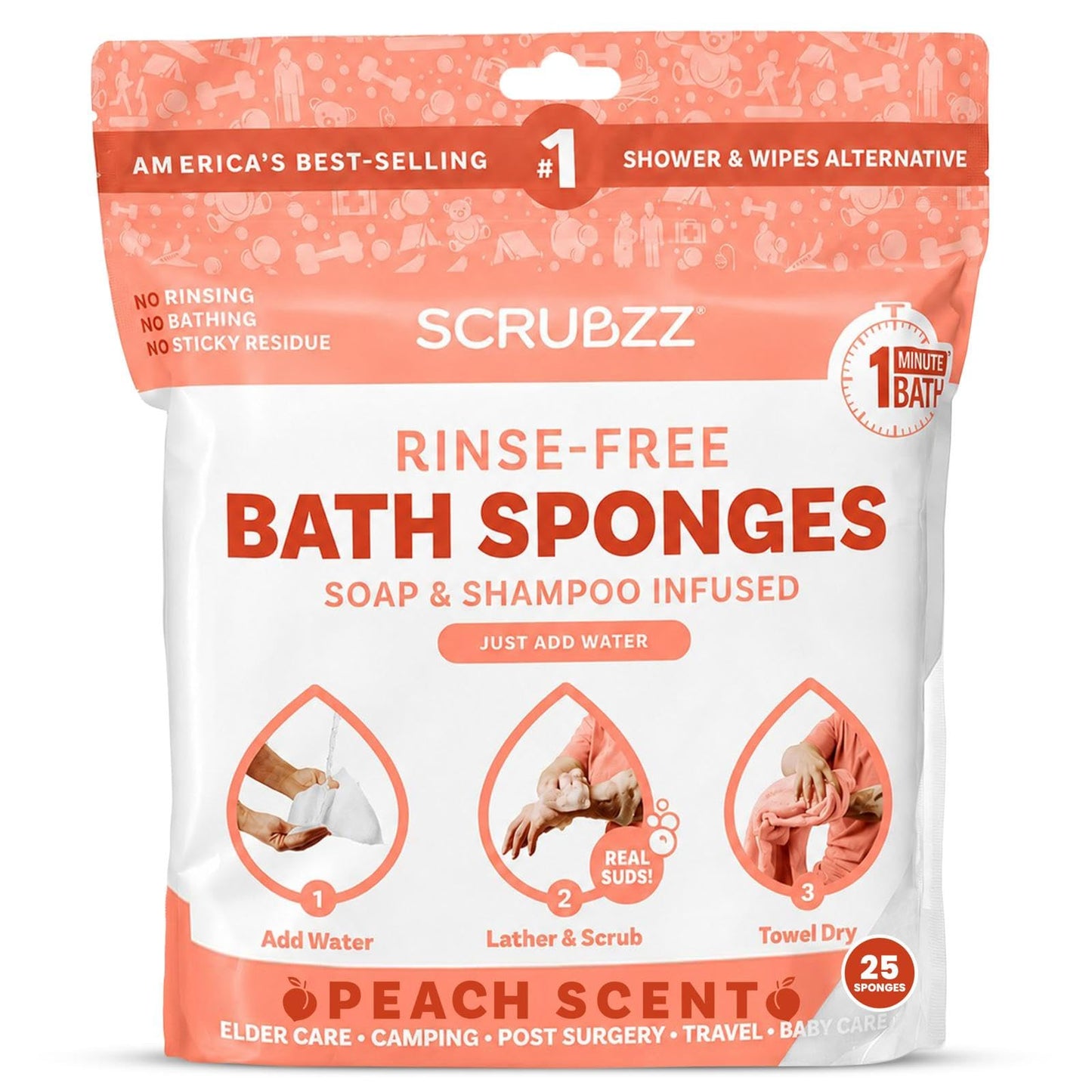 Scrubzz Disposable Rinse Free Bathing Wipes - 25 Pack - All-in-1 Single Use Shower Wipes, Simply Dampen, Lather, and Dry Without Shampoo or Rinsing