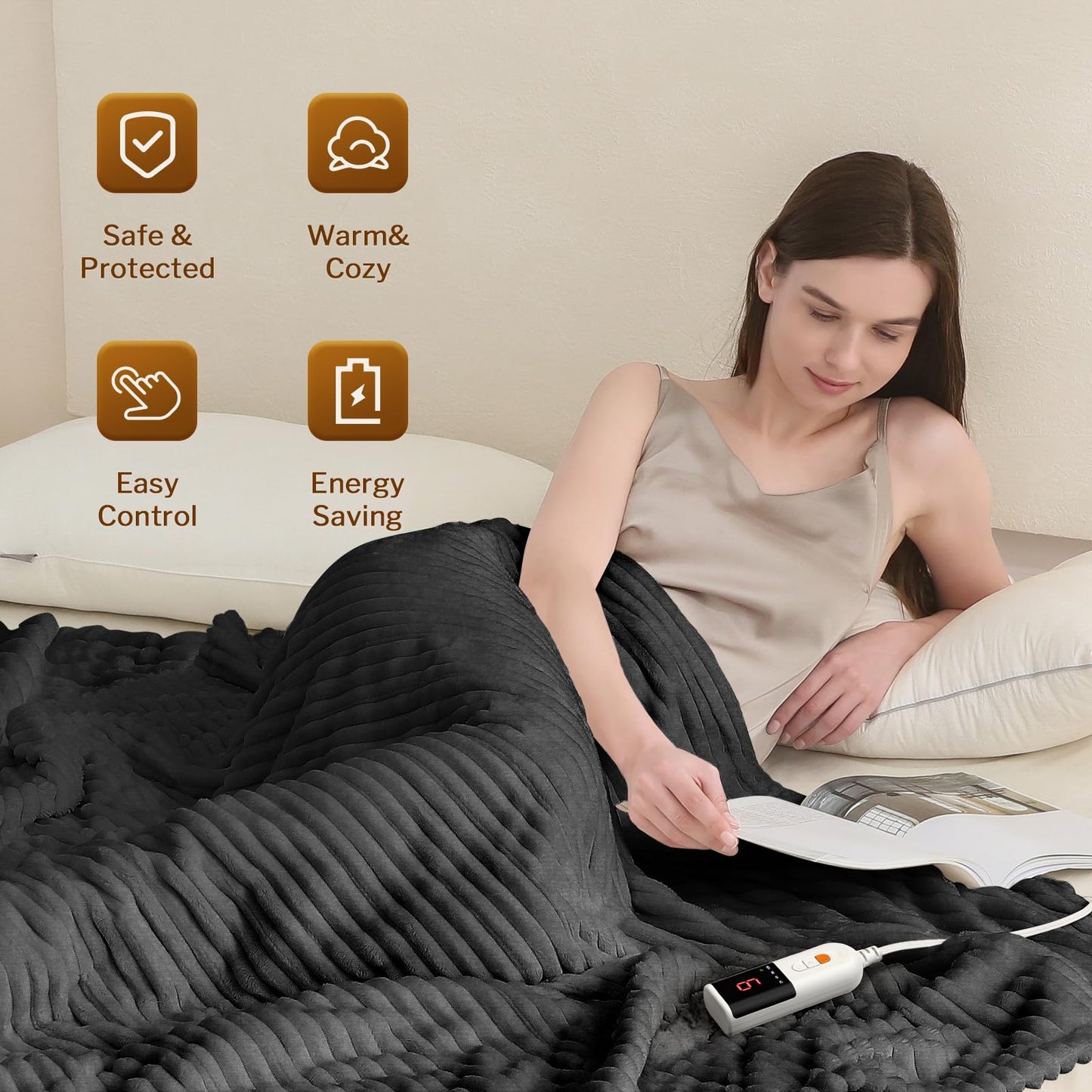 Reaks Electric Heated Throw Blanket, Silky Soft Flannel & Sherpa Heating Blanket Throw with 5 Heat Levels & 3 Hours Auto Off, Warm Gifts for Women Mom Grandma, ETL Certified (50x60 inches, White)