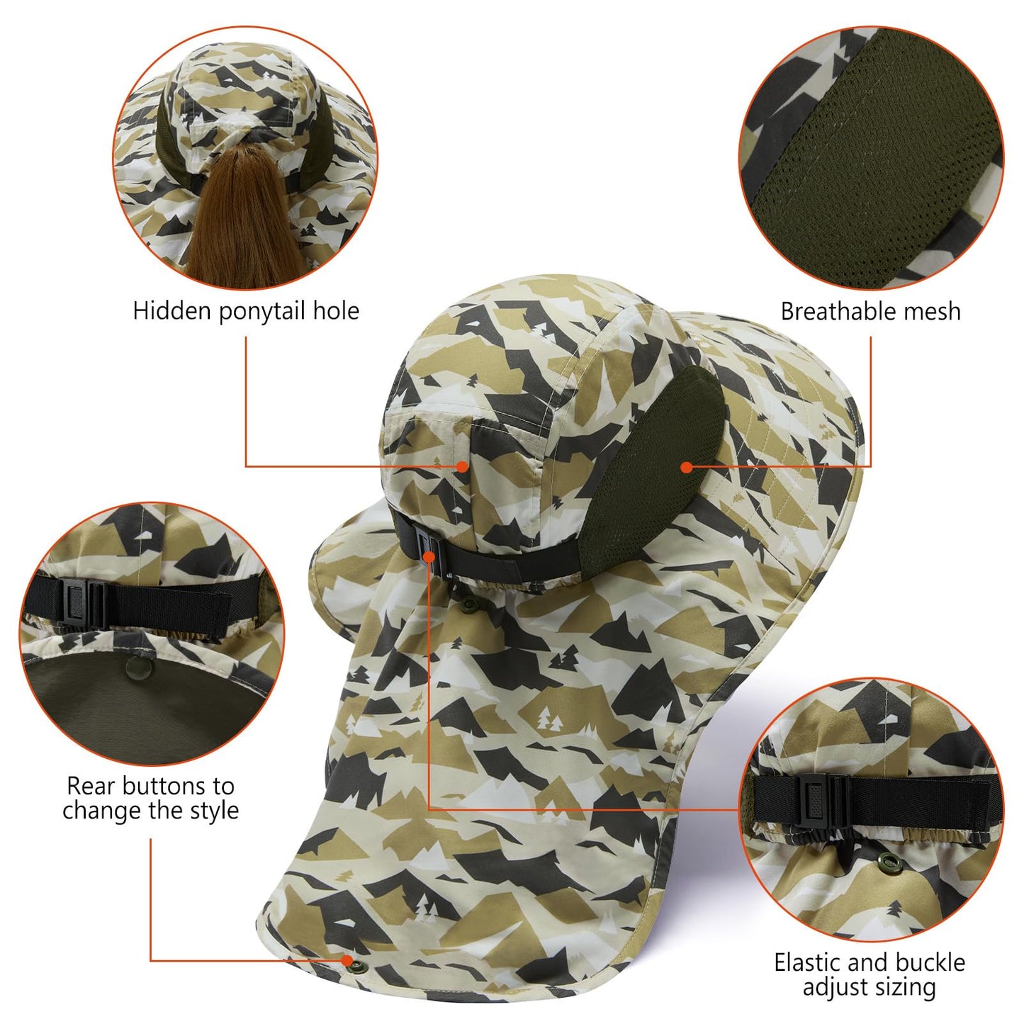BASSDASH UPF 50+ Unisex Water Resistant Wide Brim Sun Hat with Large Neck Flap Ponytail Fishing Hat for Men Women