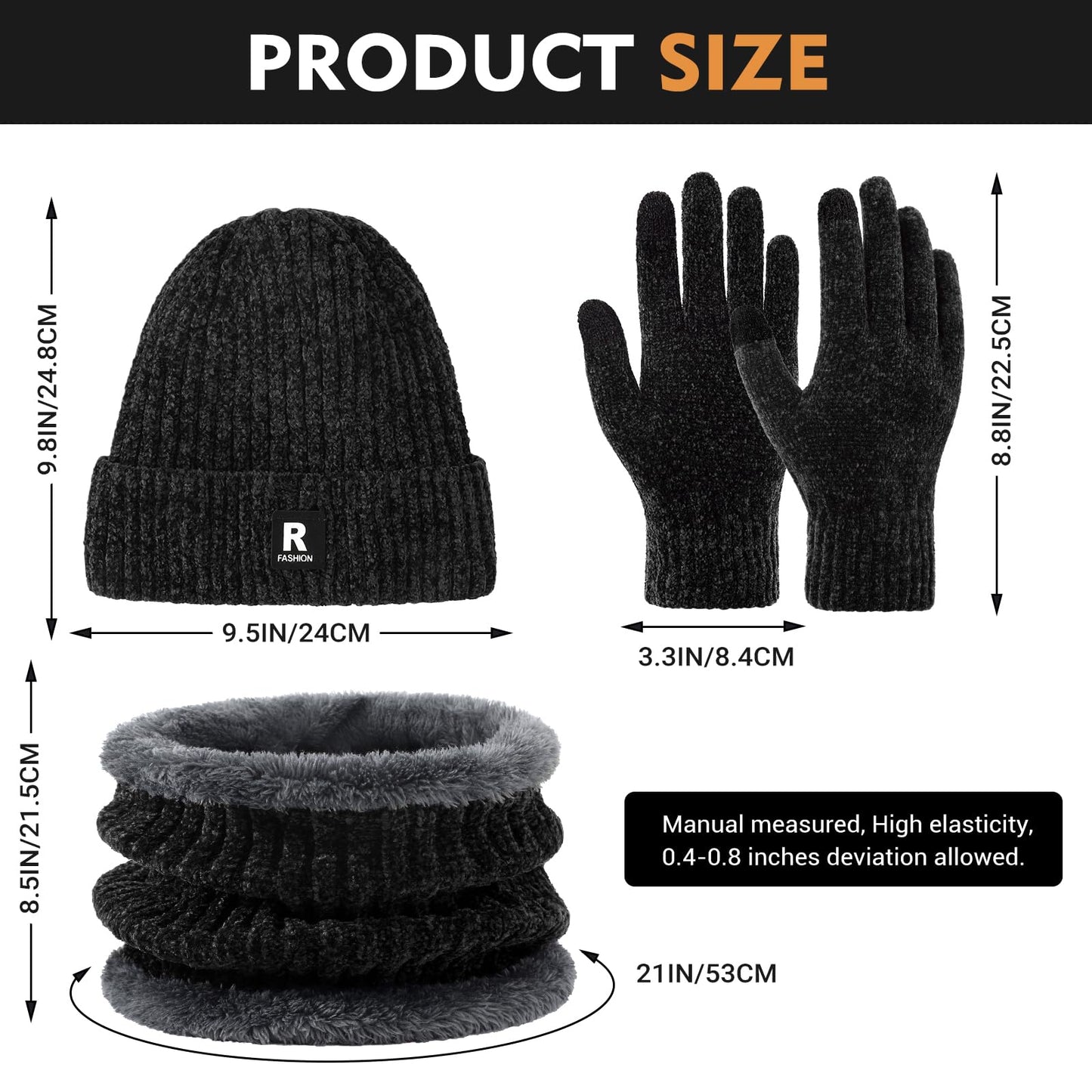 Winter Beanie Hat Circle Scarf Gloves Set for Men Women, Thick Warm Chenille Skull Cap Touchscreen Gloves Neck Warmer