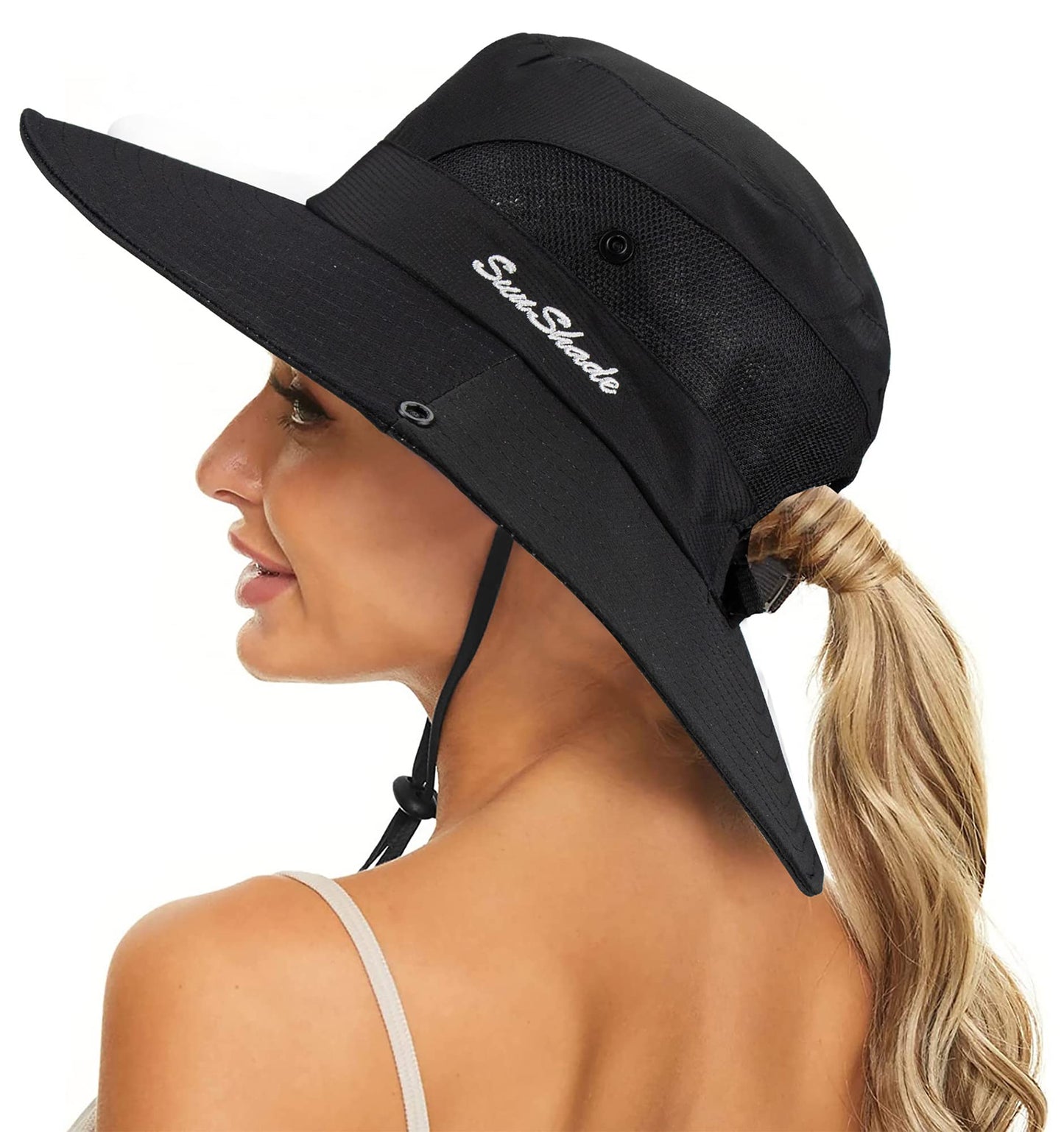 Women's Summer Sun-Hat Ponytail - Outdoor UV-Protection Mesh Wide Brim Foldable Hat with Ponytail Hole