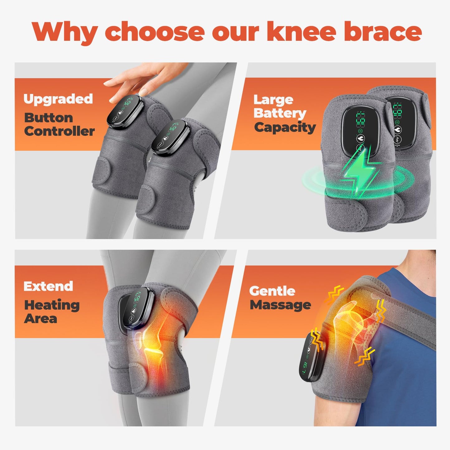 Cordless Heated Knee Massager, FSA Eligible 3-in-1 Wearable Wrap for Knee, Elbow and Shoulder, Rechargeable Heat and Vibration Massager, 6 Heat Levels, 3 Massage Modes