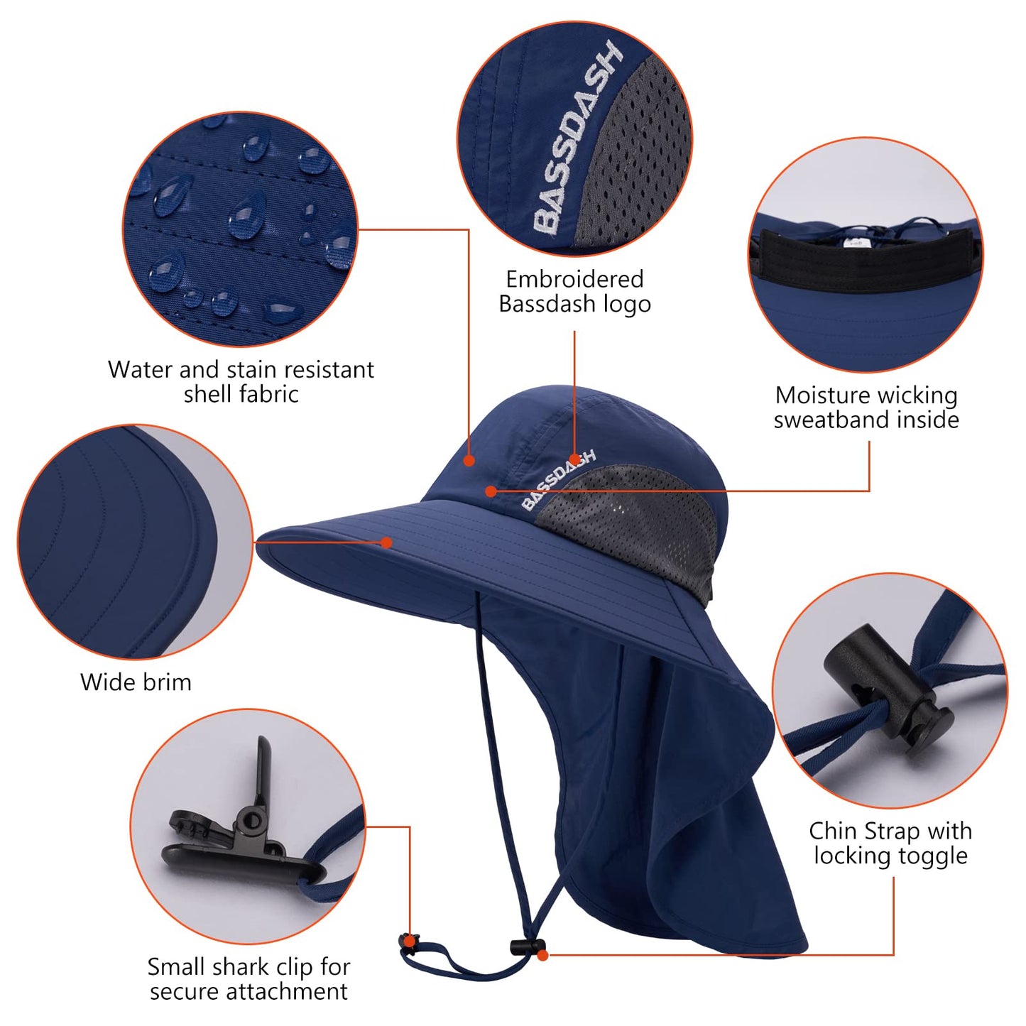 BASSDASH UPF 50+ Unisex Water Resistant Wide Brim Sun Hat with Large Neck Flap Ponytail Fishing Hat for Men Women