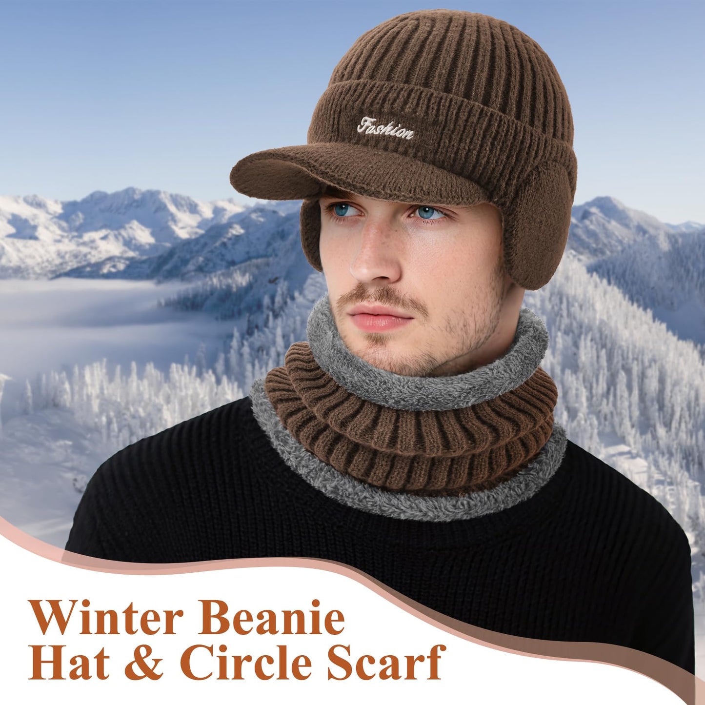 Winter Hat with Ear Flaps for Men, Beanie with Brim Hat Scarf Set, Warm Fleece Lined Skull Cap Neck Warmer for Women