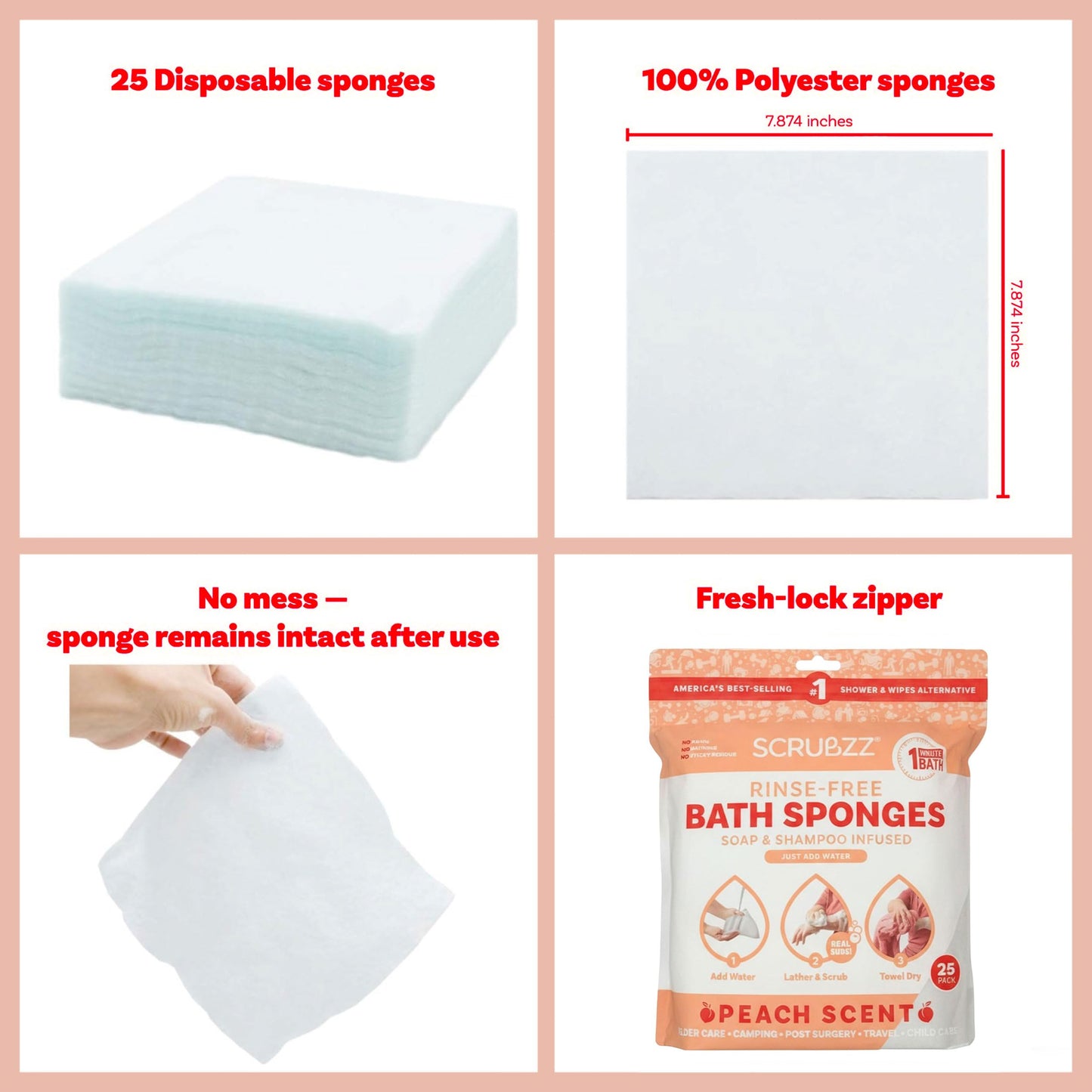 Scrubzz Disposable Rinse Free Bathing Wipes - 25 Pack - All-in-1 Single Use Shower Wipes, Simply Dampen, Lather, and Dry Without Shampoo or Rinsing
