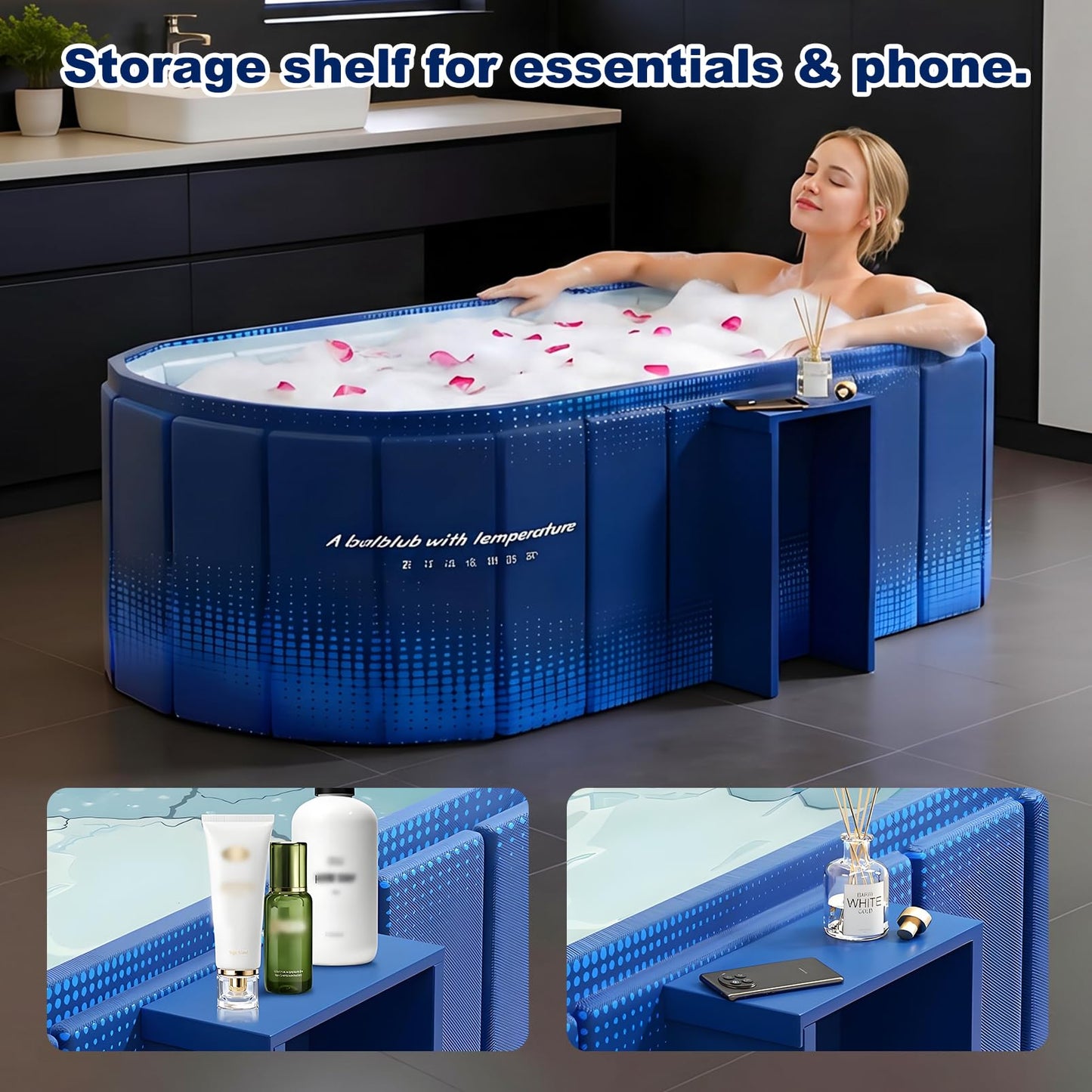 Portable Bathtub for Adult 59" Large Collapsible Cold Plunge Bathtub Foldable No Installation Ice Bath Tub for Shower Stall, Bathroom Hot SPA Soaking Standing Tub