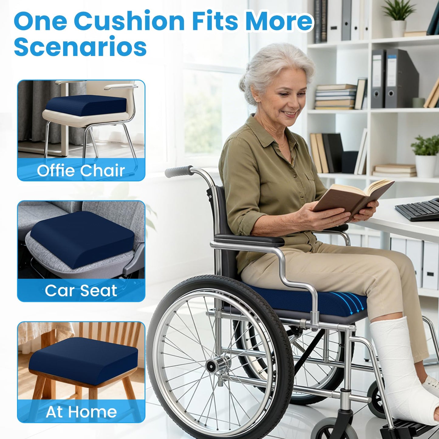 Wheelchair Seat Cushion for Pressure Relief, Cooling Gel Memory Foam Chair Cushion with Slope-Edge Design, Coccyx Support for Tailbone Pain, Non-Slip, for Wheelchairs, Office Chairs & Car Seats