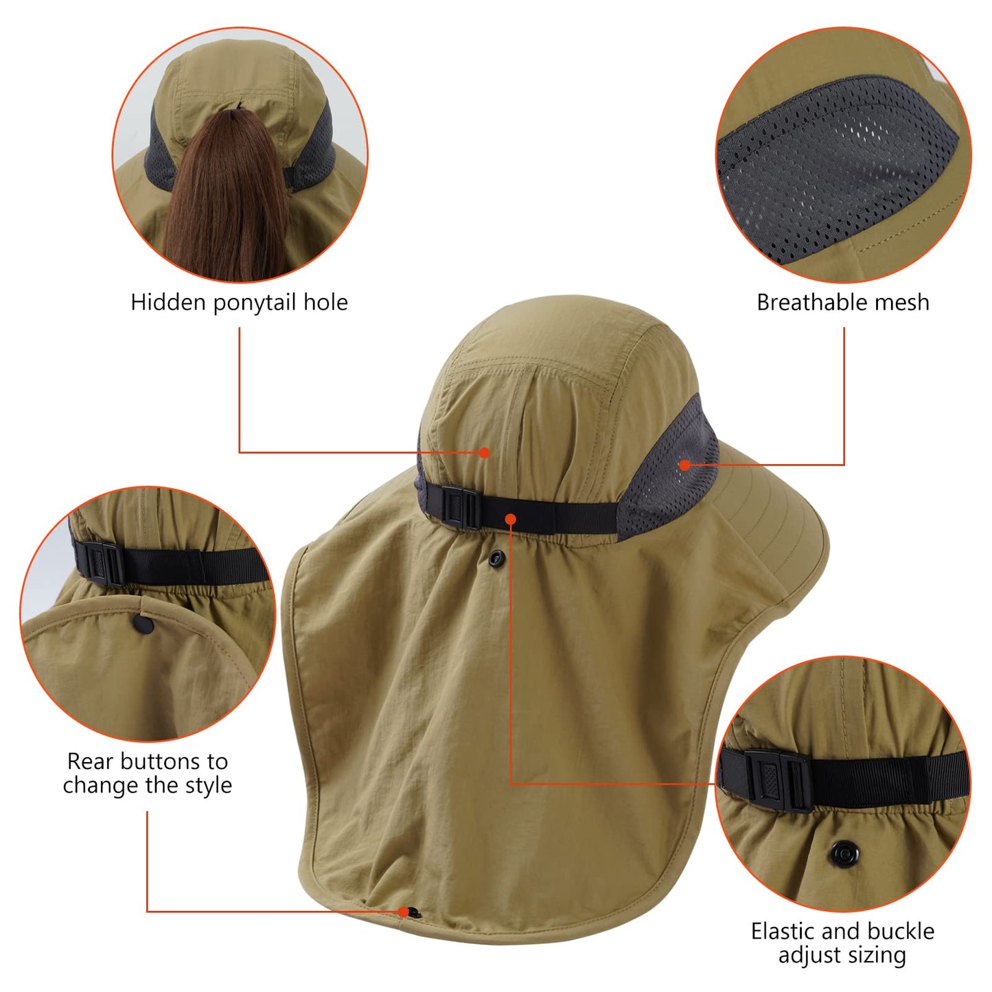 BASSDASH UPF 50+ Unisex Water Resistant Wide Brim Sun Hat with Large Neck Flap Ponytail Fishing Hat for Men Women