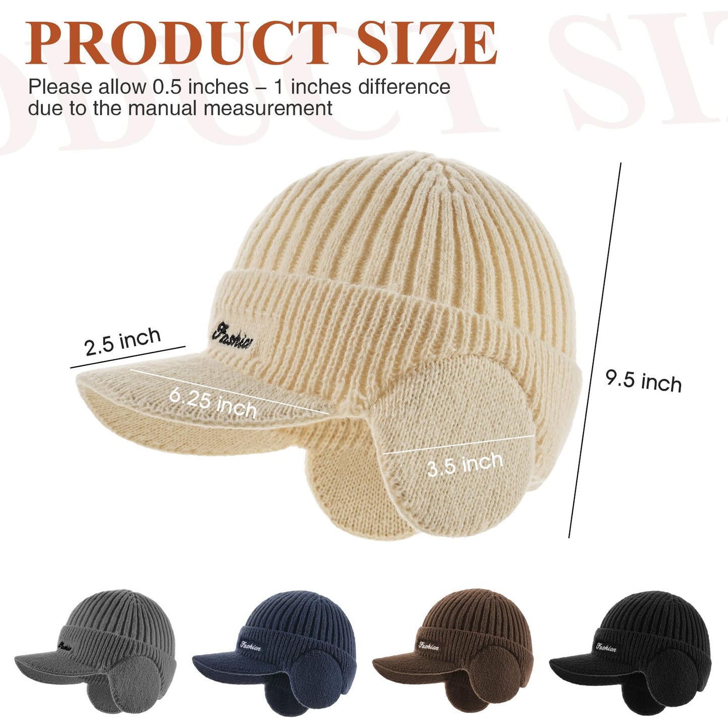 Winter Hat with Ear Flaps for Men, Beanie with Brim Hat Scarf Set, Warm Fleece Lined Skull Cap Neck Warmer for Women