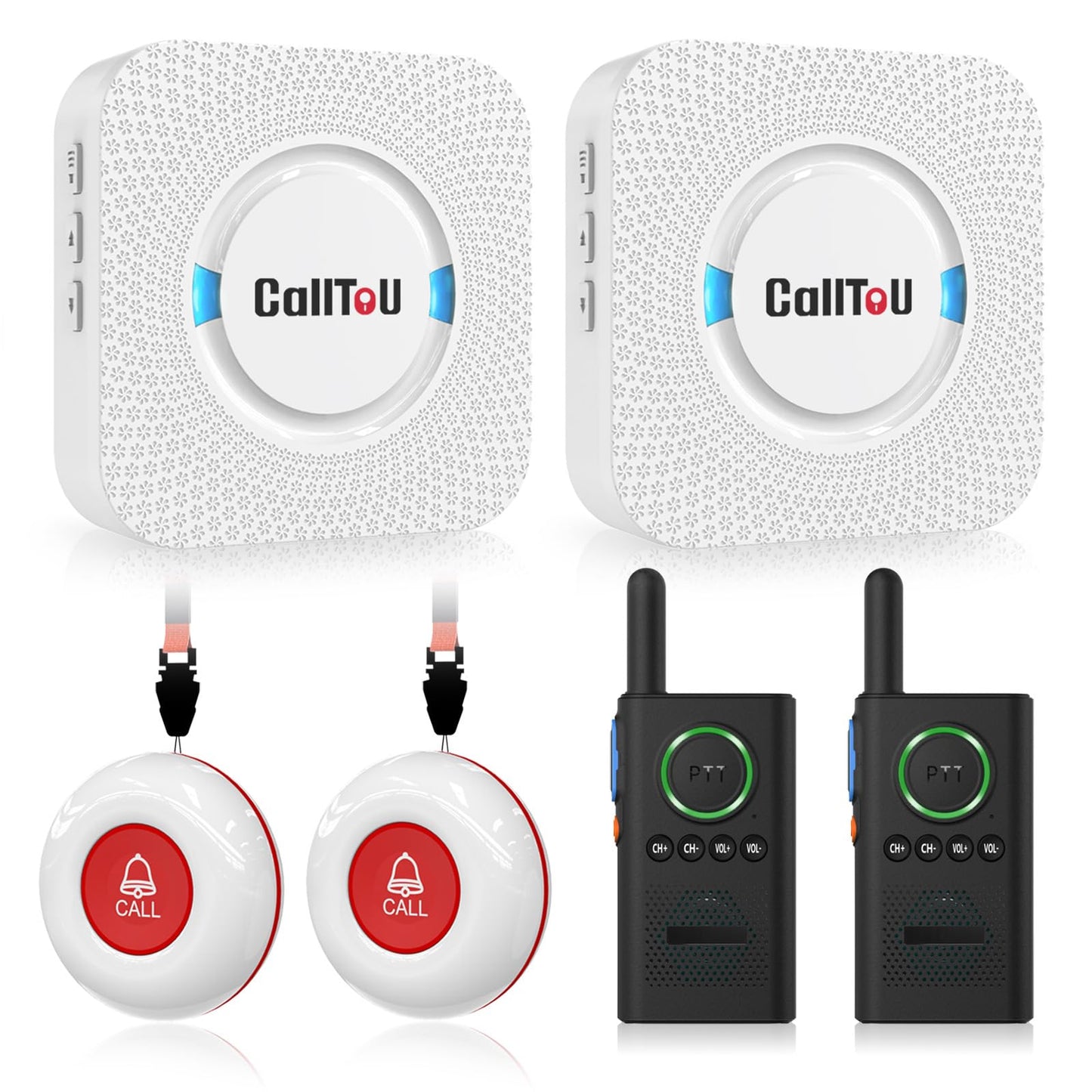 CallToU Wireless Caregiver Pager Smart Call System 2 SOS Call Buttons/Transmitters 2 Receivers Nurse Calling Alert Patient Help System for Home/Personal Attention Pager 500+Feet Plugin Receiver