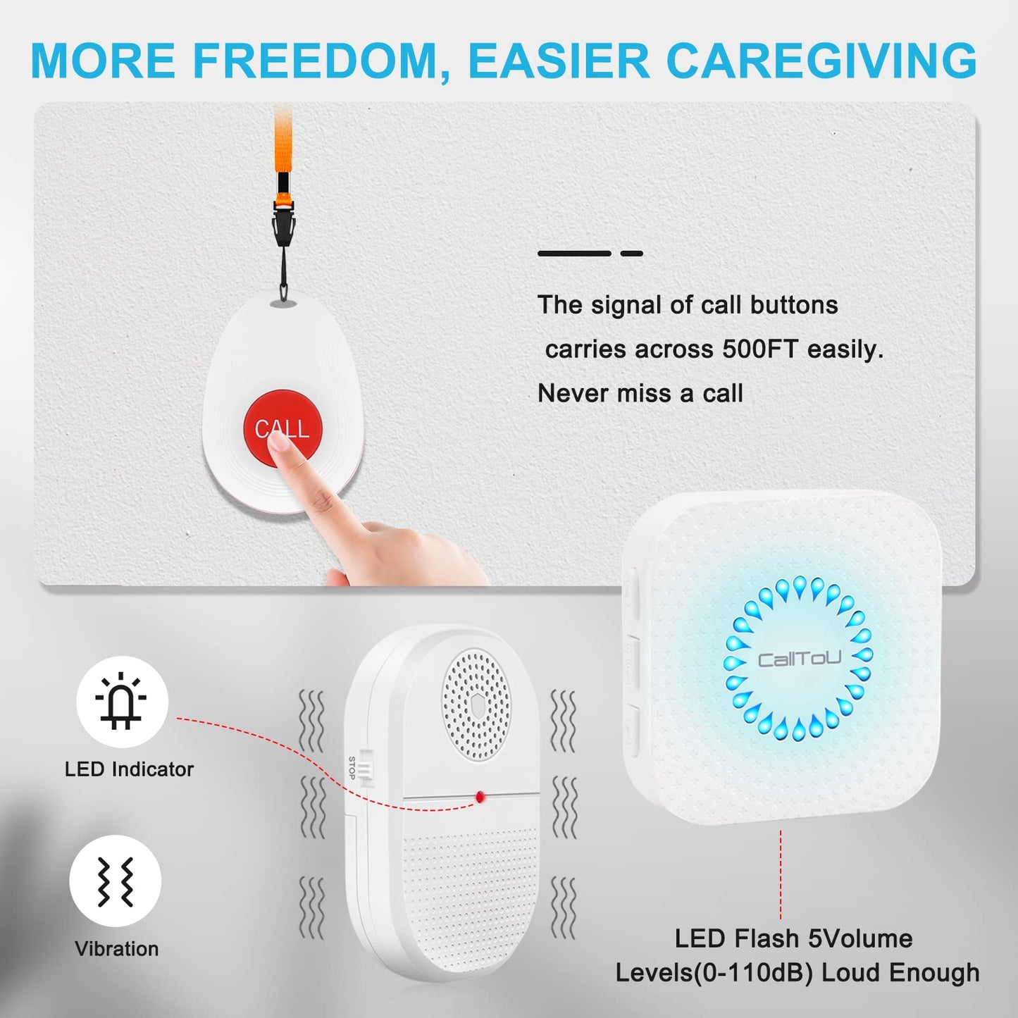 CallToU Wireless Caregiver Pager Waterproof Call Button Vibration Call Bell for Elderly at Home Disabled Patient Elderly Monitoring Nurse Calling 2 SOS Panic Buttons/Transmitters 500FT 2 Receivers