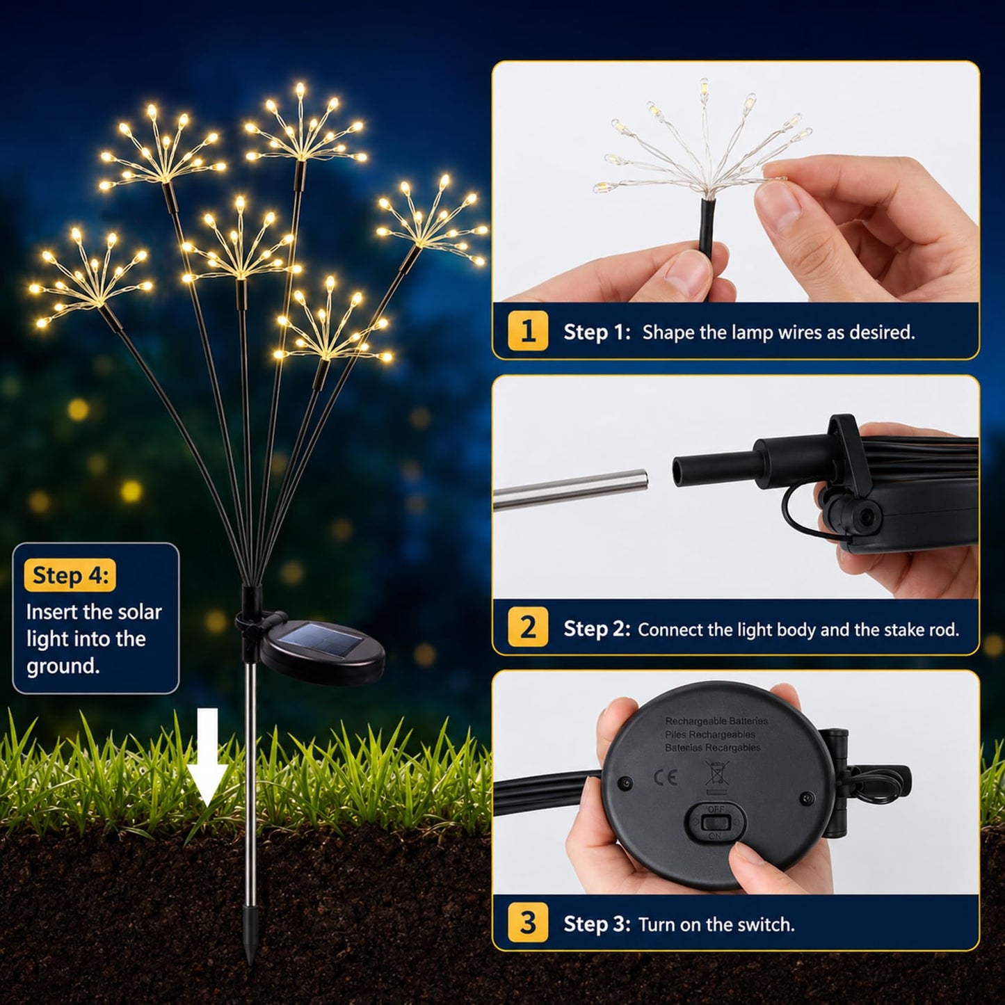 JJGoo Solar Garden Lights, New Upgraded 2 Pack Solar Swaying Starburst Light, Waterproof Fireworks Outdoor Lights, Yard Patio Pathway Decoration, Warm White