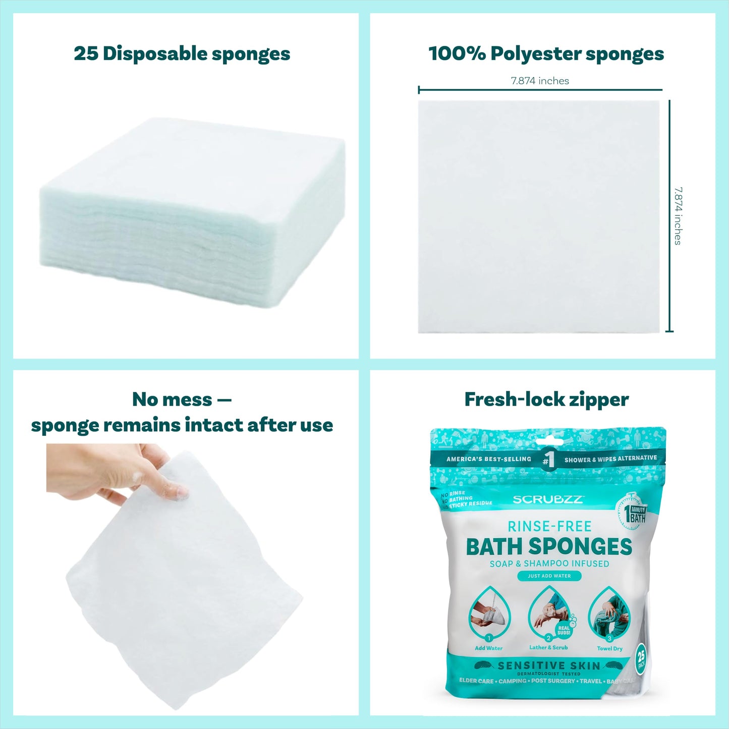 Scrubzz Disposable Rinse Free Bathing Wipes - 25 Pack - All-in-1 Single Use Shower Wipes, Simply Dampen, Lather, and Dry Without Shampoo or Rinsing
