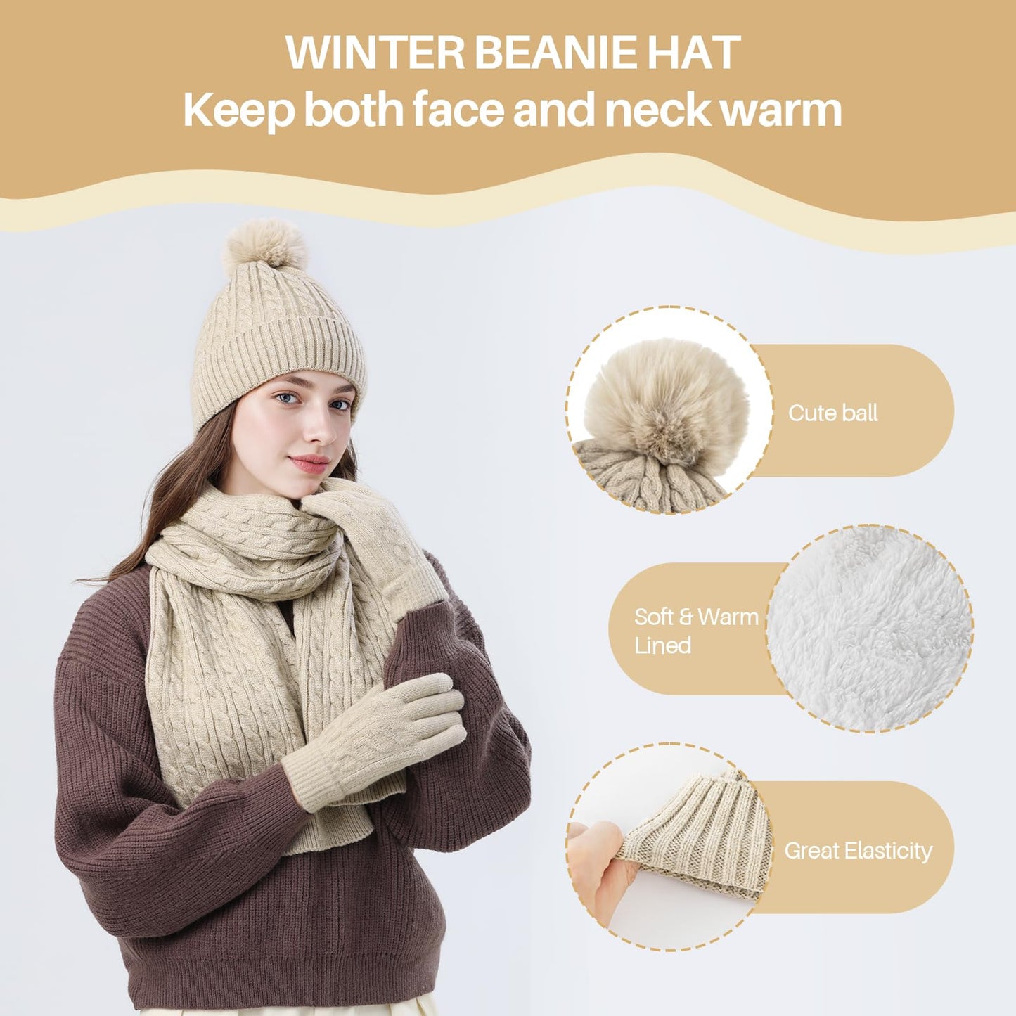 fauson Winter Hat Beanie Long Scarf Touchscreen Gloves Set, 3Pcs Fleece Lined Gloves Skull Cap Valentines Day Gifts for Her