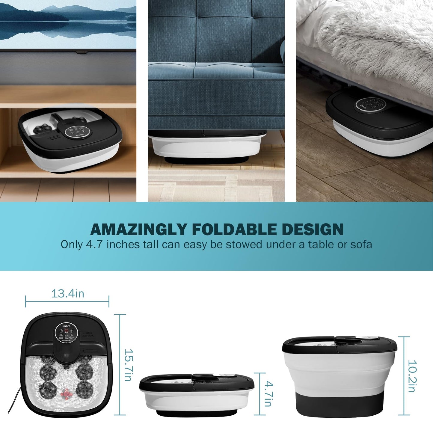 KNQZE Collapsible Foot Spa Bath with Heat & Remote Control, Bubble Massage, Temperature Control, Red Light, Timer, 16 Rollers & Pumice Stone for a Soothing Spa Experience