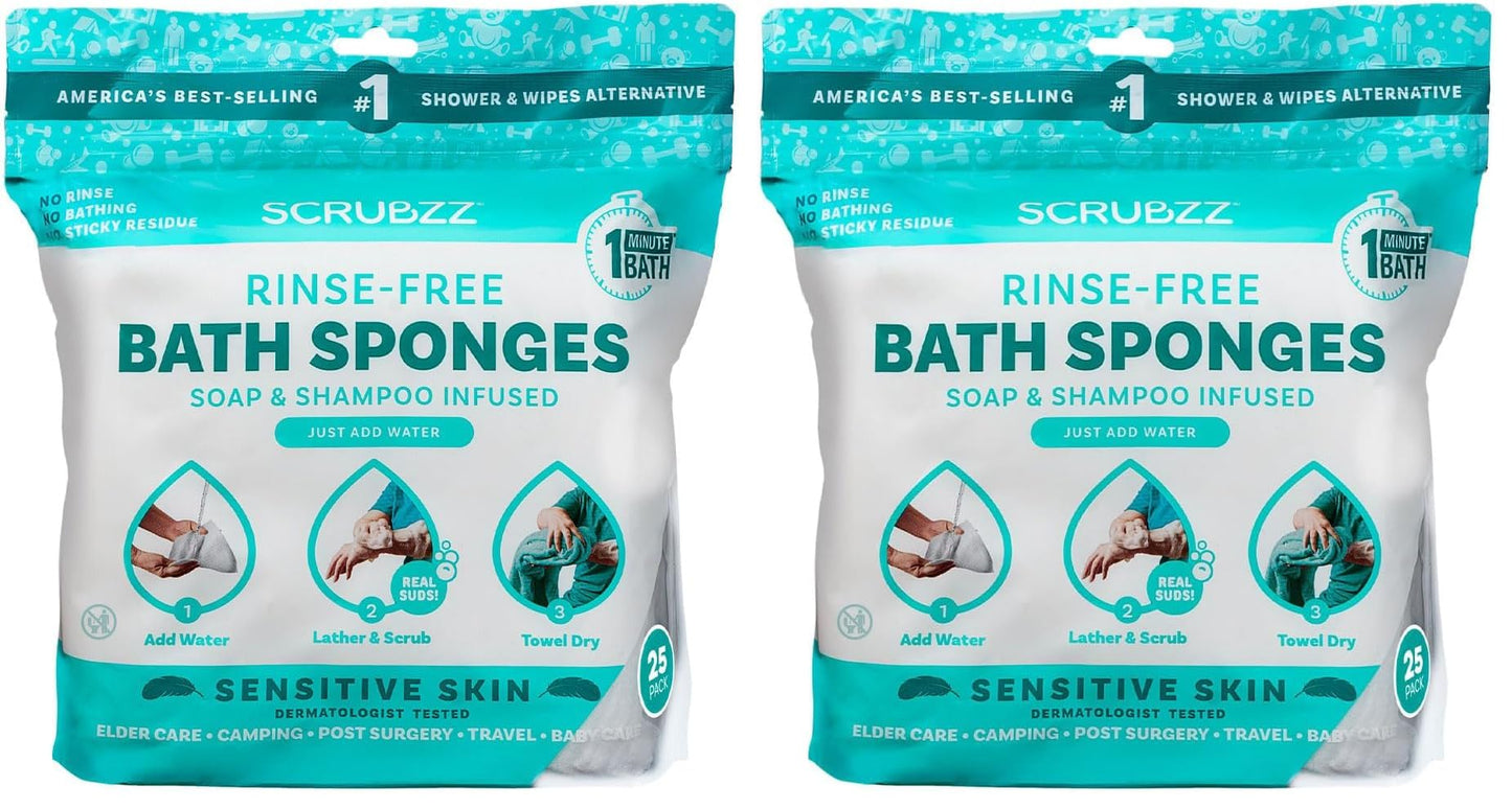 Scrubzz Disposable Rinse Free Bathing Wipes - 25 Pack - All-in-1 Single Use Shower Wipes, Simply Dampen, Lather, and Dry Without Shampoo or Rinsing