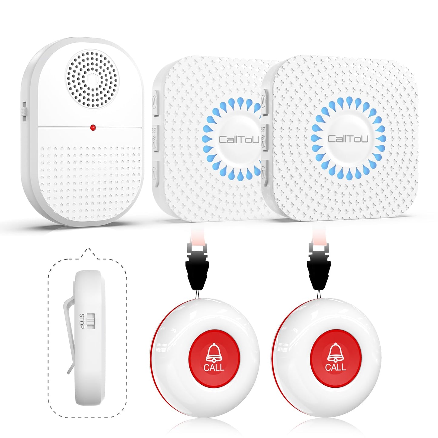 CallToU Wireless Caregiver Pager Waterproof Call Button Vibration Call Bell for Elderly at Home Disabled Patient Elderly Monitoring Nurse Calling 2 SOS Panic Buttons/Transmitters 500FT 2 Receivers