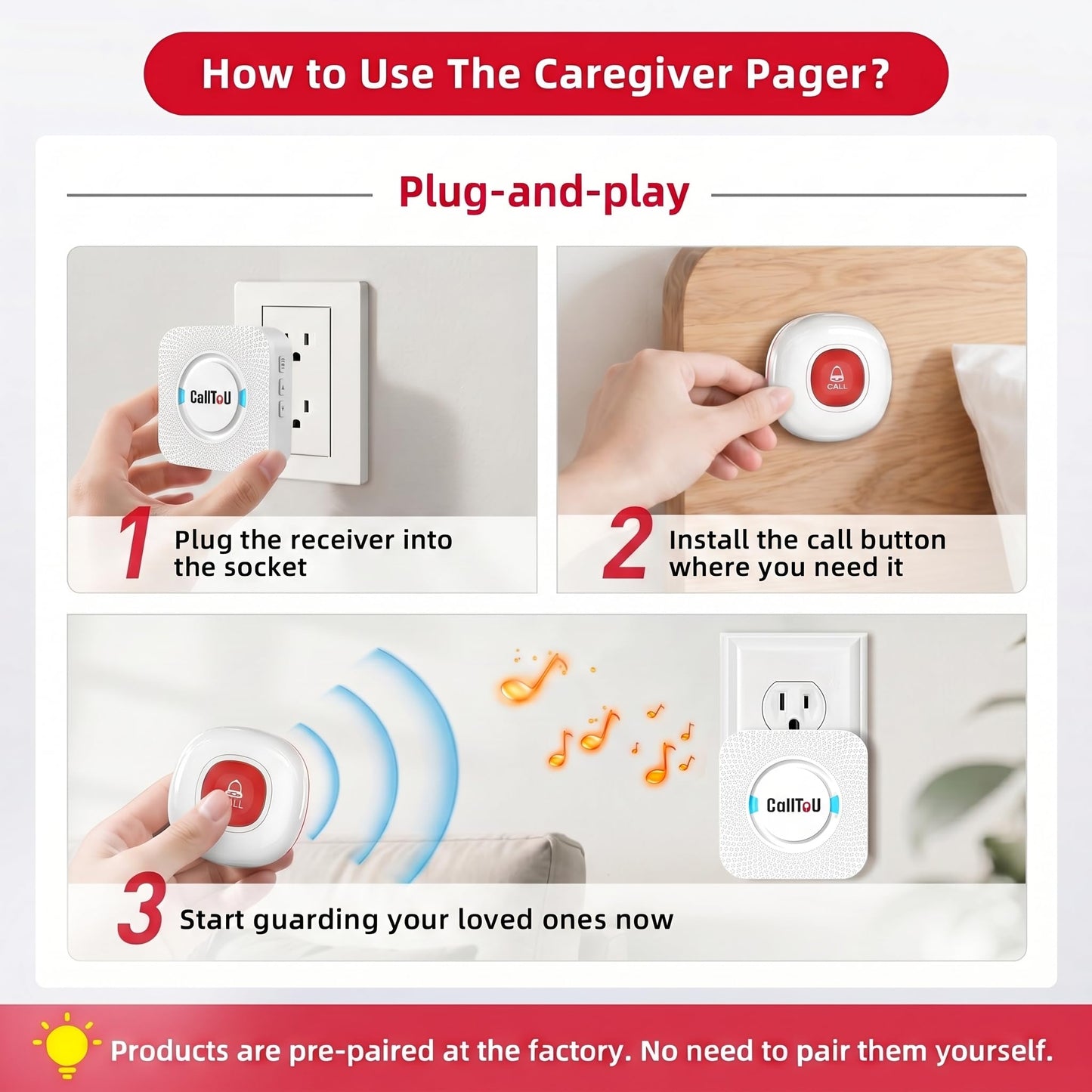 CallToU Wireless Caregiver Pager Smart Call System 2 SOS Call Buttons/Transmitters 2 Receivers Nurse Calling Alert Patient Help System for Home/Personal Attention Pager 500+Feet Plugin Receiver