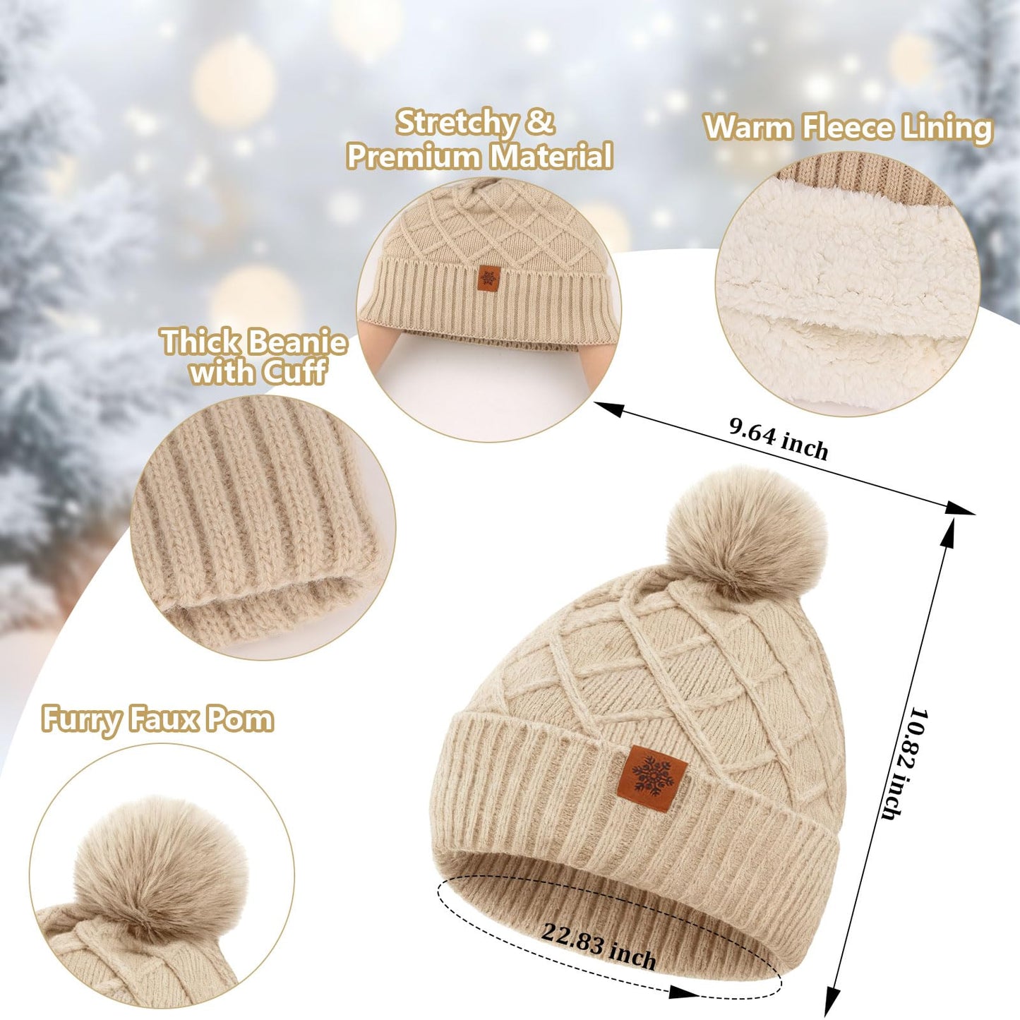 YARIEW Winter Hat Scarf and Gloves Set for Women, Warm Knitted Beanie with Pom Pom, Soft Ear Warmer Scarf, Warm Gloves