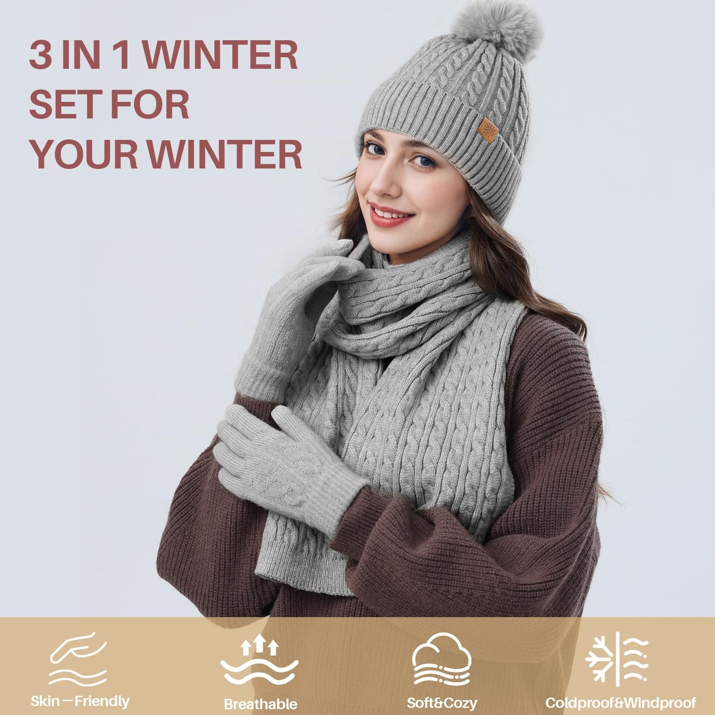 fauson Winter Hat Beanie Long Scarf Touchscreen Gloves Set, 3Pcs Fleece Lined Gloves Skull Cap Valentines Day Gifts for Her
