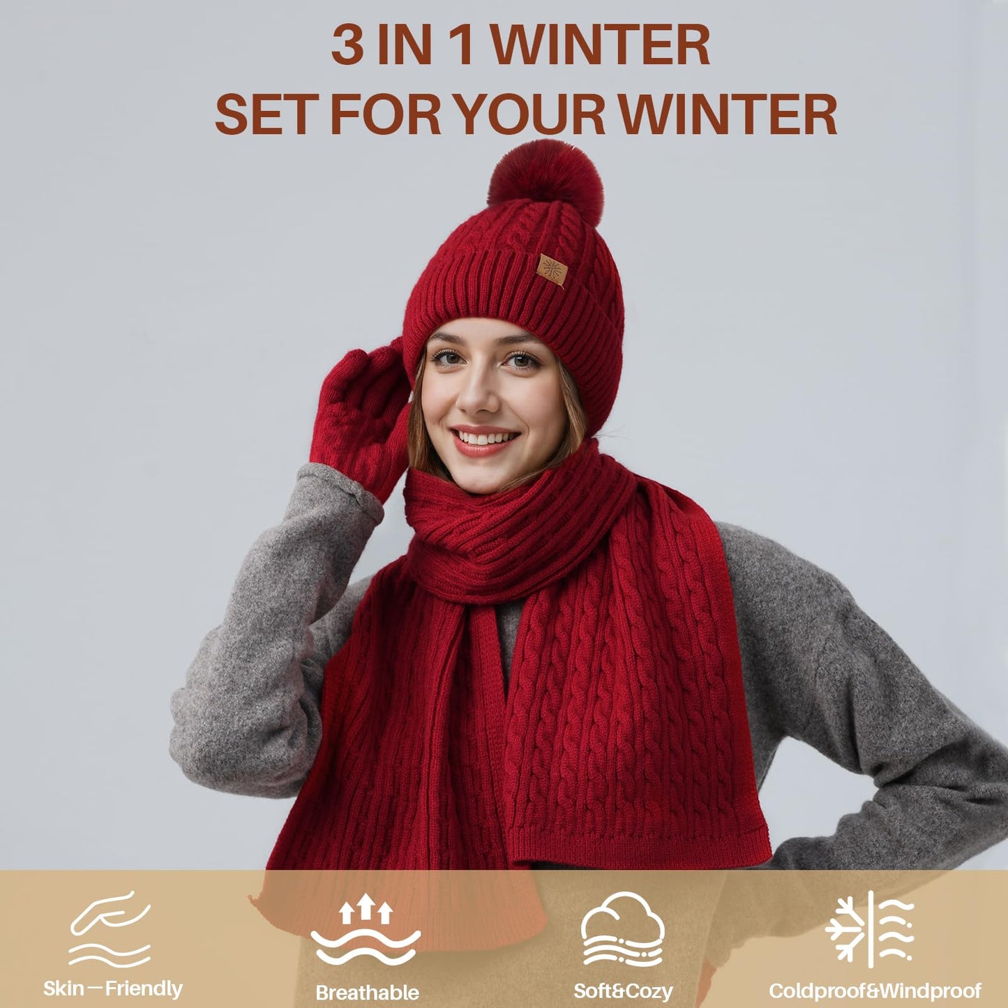 fauson Winter Hat Beanie Long Scarf Touchscreen Gloves Set, 3Pcs Fleece Lined Gloves Skull Cap Valentines Day Gifts for Her