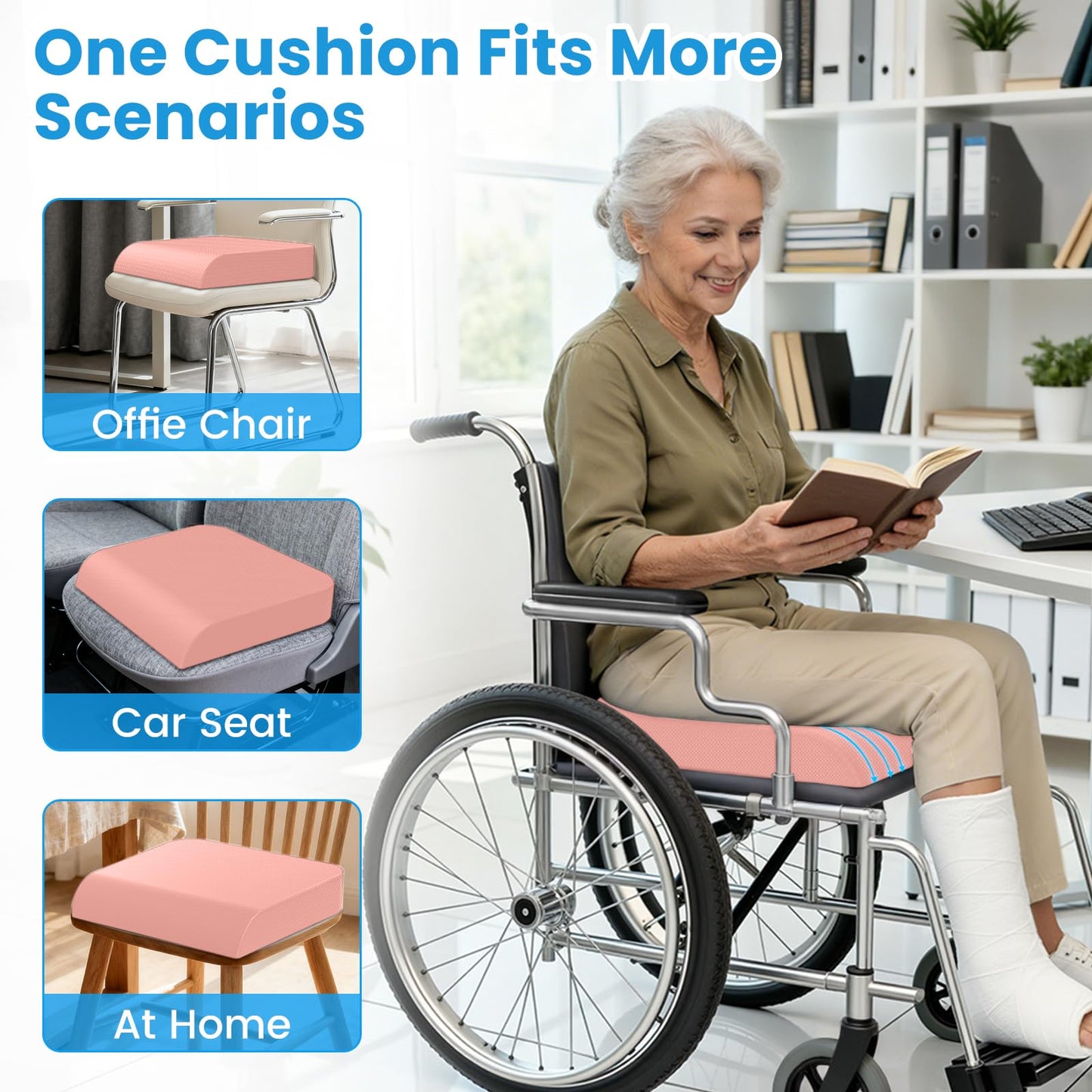 Wheelchair Seat Cushion for Pressure Relief, Cooling Gel Memory Foam Chair Cushion with Slope-Edge Design, Coccyx Support for Tailbone Pain, Non-Slip, for Wheelchairs, Office Chairs & Car Seats