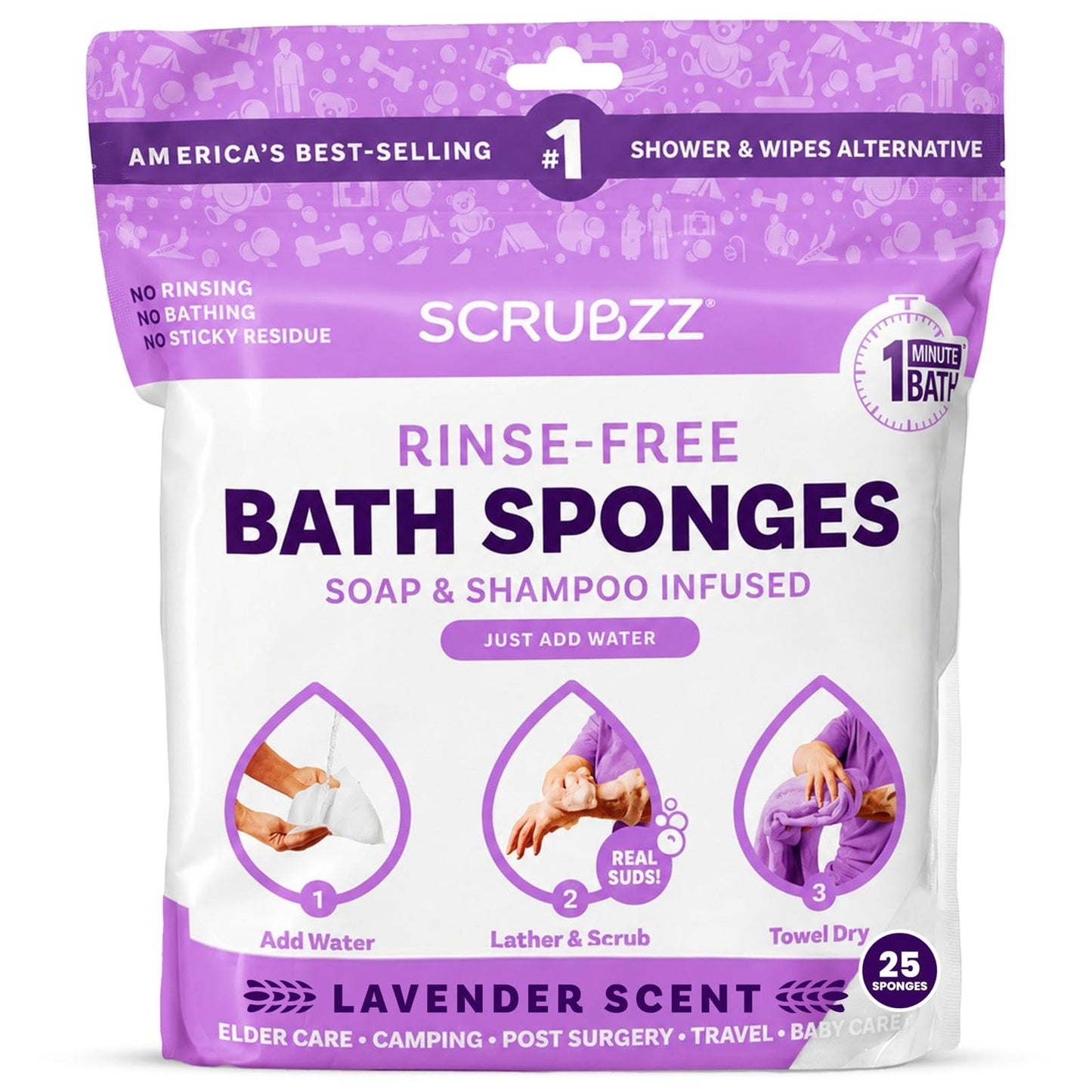 Scrubzz Disposable Rinse Free Bathing Wipes - 25 Pack - All-in-1 Single Use Shower Wipes, Simply Dampen, Lather, and Dry Without Shampoo or Rinsing