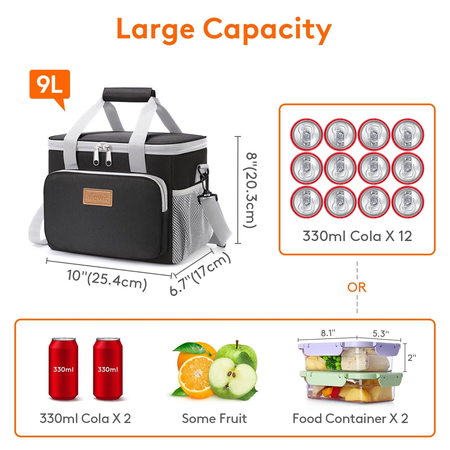Lifewit Medium Lunch Bag, Insulated Lunch Box, Soft Cooler Cooling Tote for Adult Men Women, Black 12-Can (9L)