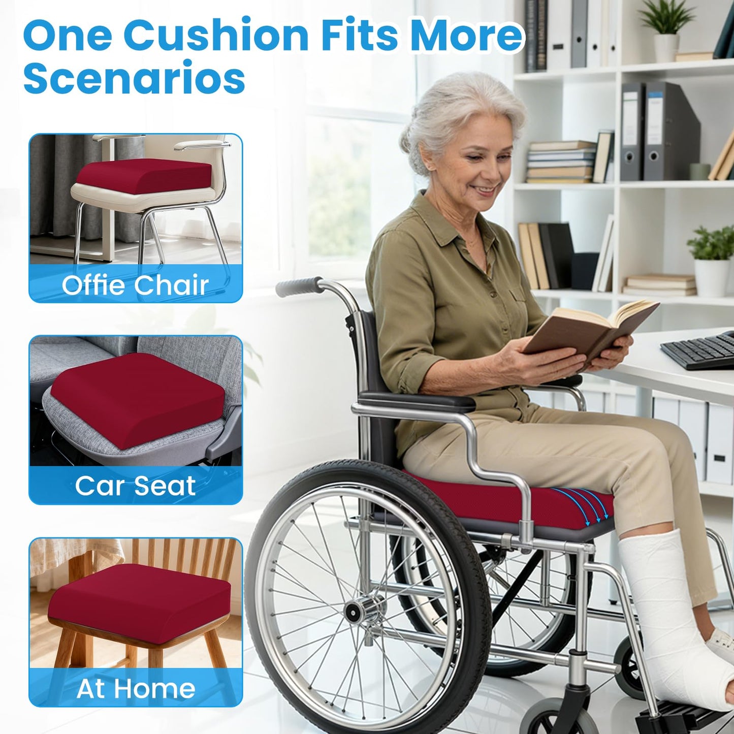 Wheelchair Seat Cushion for Pressure Relief, Cooling Gel Memory Foam Chair Cushion with Slope-Edge Design, Coccyx Support for Tailbone Pain, Non-Slip, for Wheelchairs, Office Chairs & Car Seats
