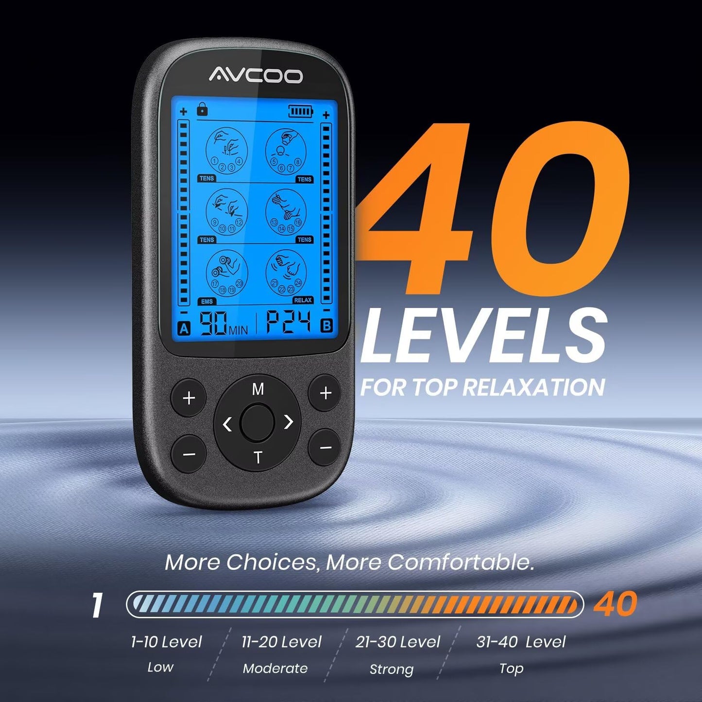 AVCOO 3-in-1 TENS Unit Muscle Stimulator for Pain Relief, 24 Modes, EVA Bag | Electronic Massager Machine with 40 Levels for Gradual Shoulder, Neck, Lower Back Pain Relief, Physical Therapy, 12 Pads, Red