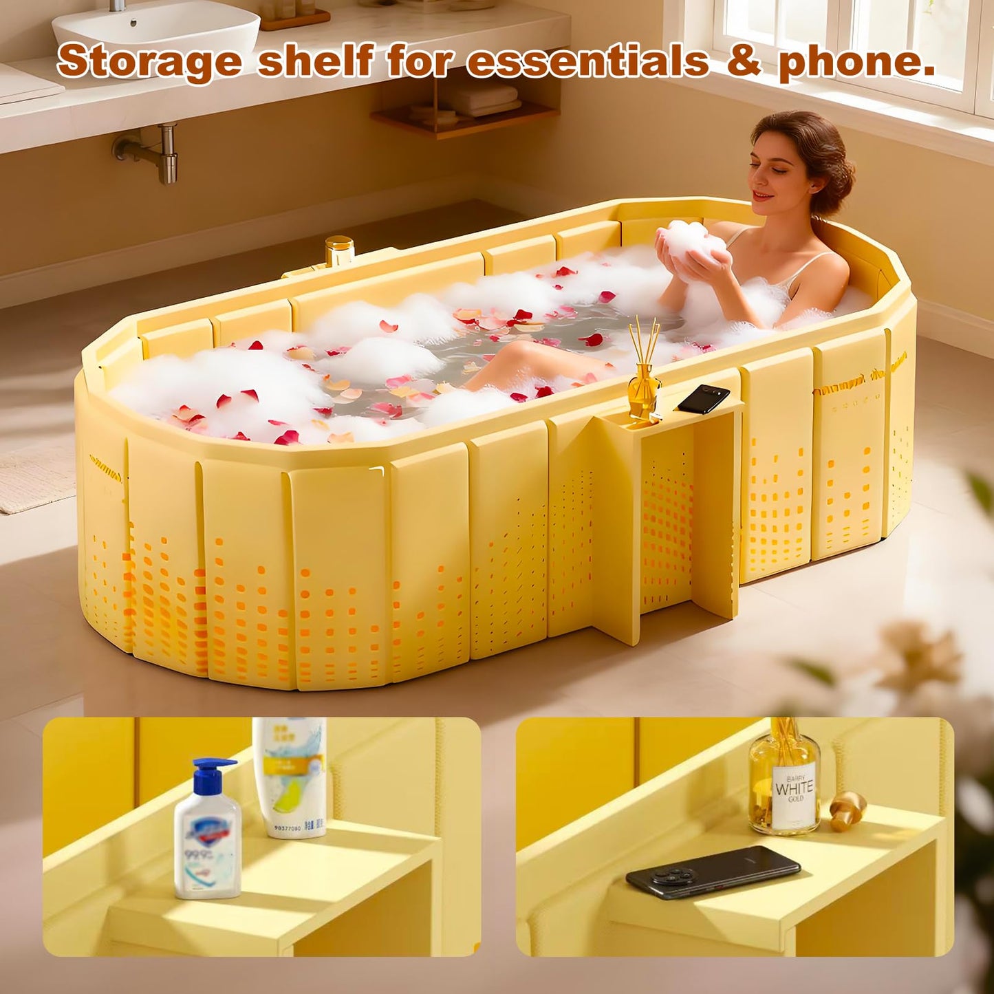 Portable Bathtub for Adult 59" Large Collapsible Cold Plunge Bathtub Foldable No Installation Ice Bath Tub for Shower Stall, Bathroom Hot SPA Soaking Standing Tub