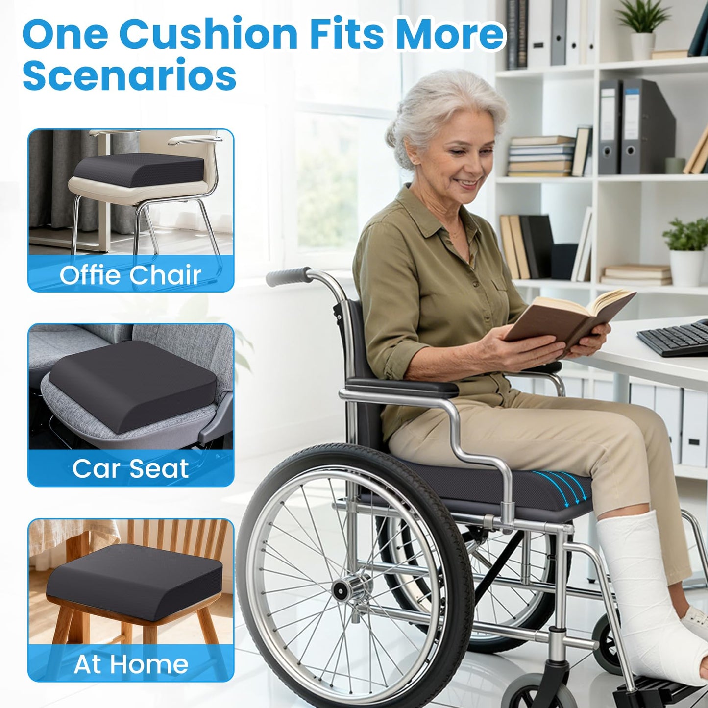 Wheelchair Seat Cushion for Pressure Relief, Cooling Gel Memory Foam Chair Cushion with Slope-Edge Design, Coccyx Support for Tailbone Pain, Non-Slip, for Wheelchairs, Office Chairs & Car Seats