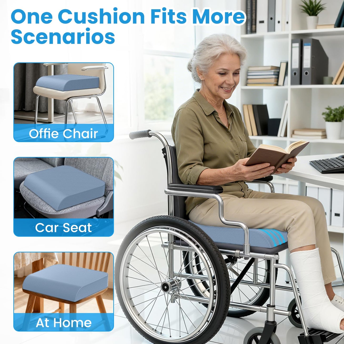 Wheelchair Seat Cushion for Pressure Relief, Cooling Gel Memory Foam Chair Cushion with Slope-Edge Design, Coccyx Support for Tailbone Pain, Non-Slip, for Wheelchairs, Office Chairs & Car Seats