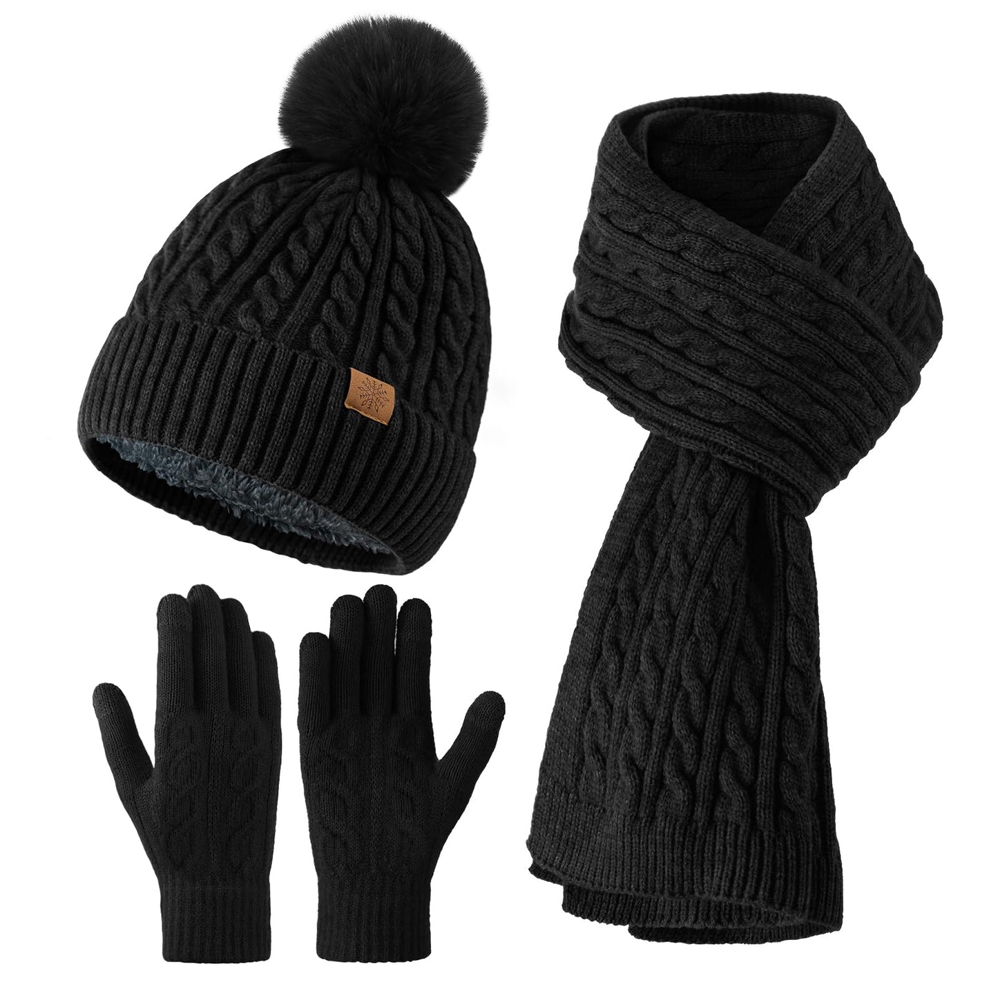 fauson Winter Hat Beanie Long Scarf Touchscreen Gloves Set, 3Pcs Fleece Lined Gloves Skull Cap Valentines Day Gifts for Her