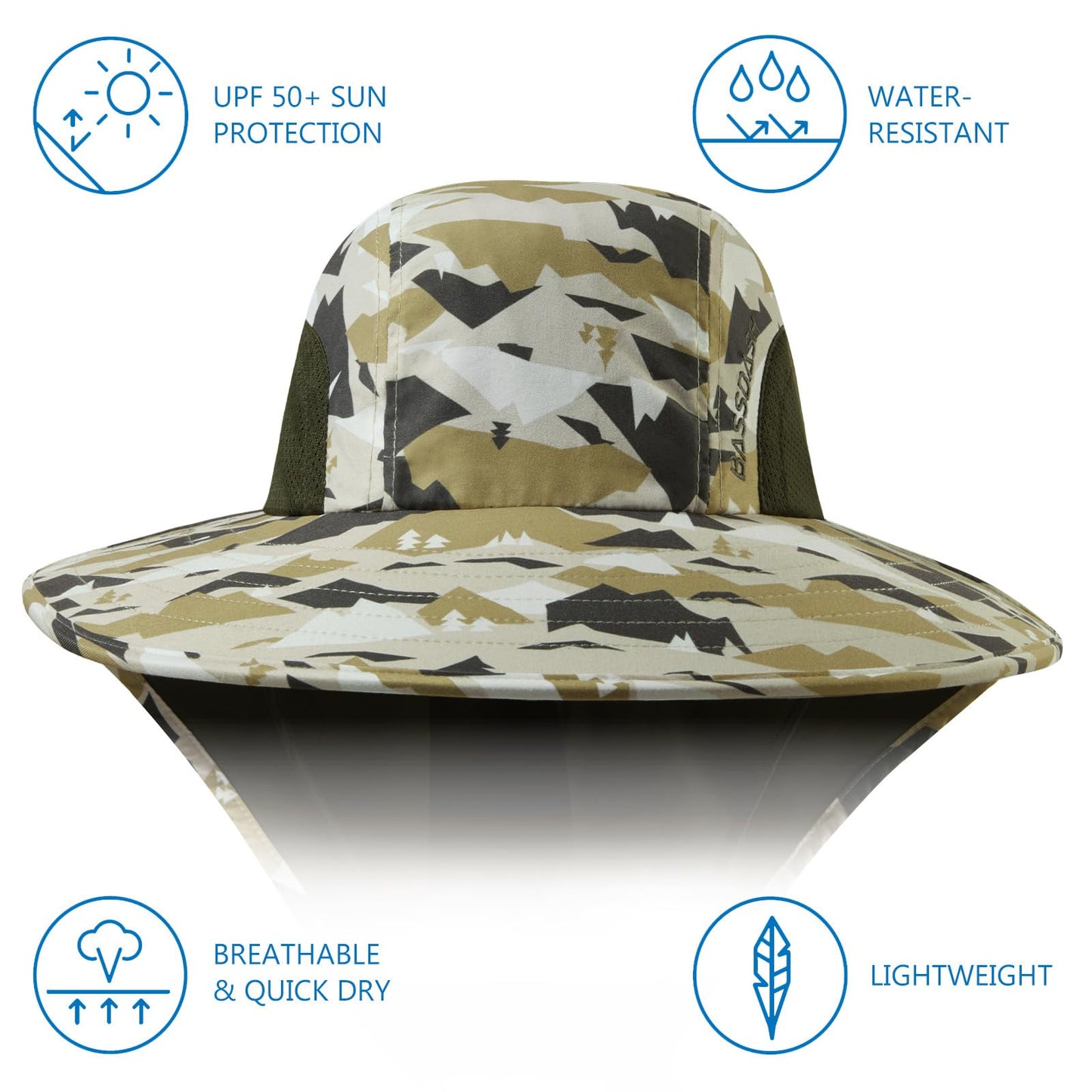 BASSDASH UPF 50+ Unisex Water Resistant Wide Brim Sun Hat with Large Neck Flap Ponytail Fishing Hat for Men Women