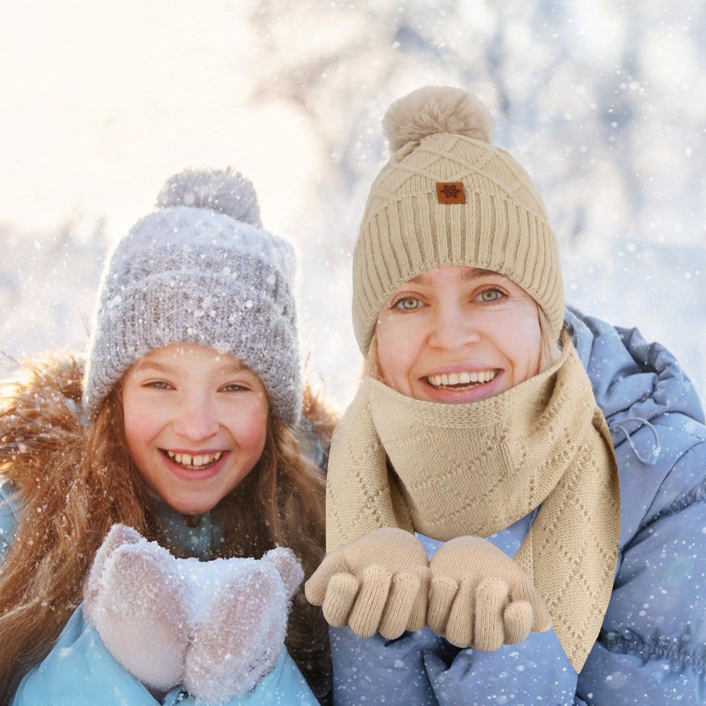 YARIEW Winter Hat Scarf and Gloves Set for Women, Warm Knitted Beanie with Pom Pom, Soft Ear Warmer Scarf, Warm Gloves