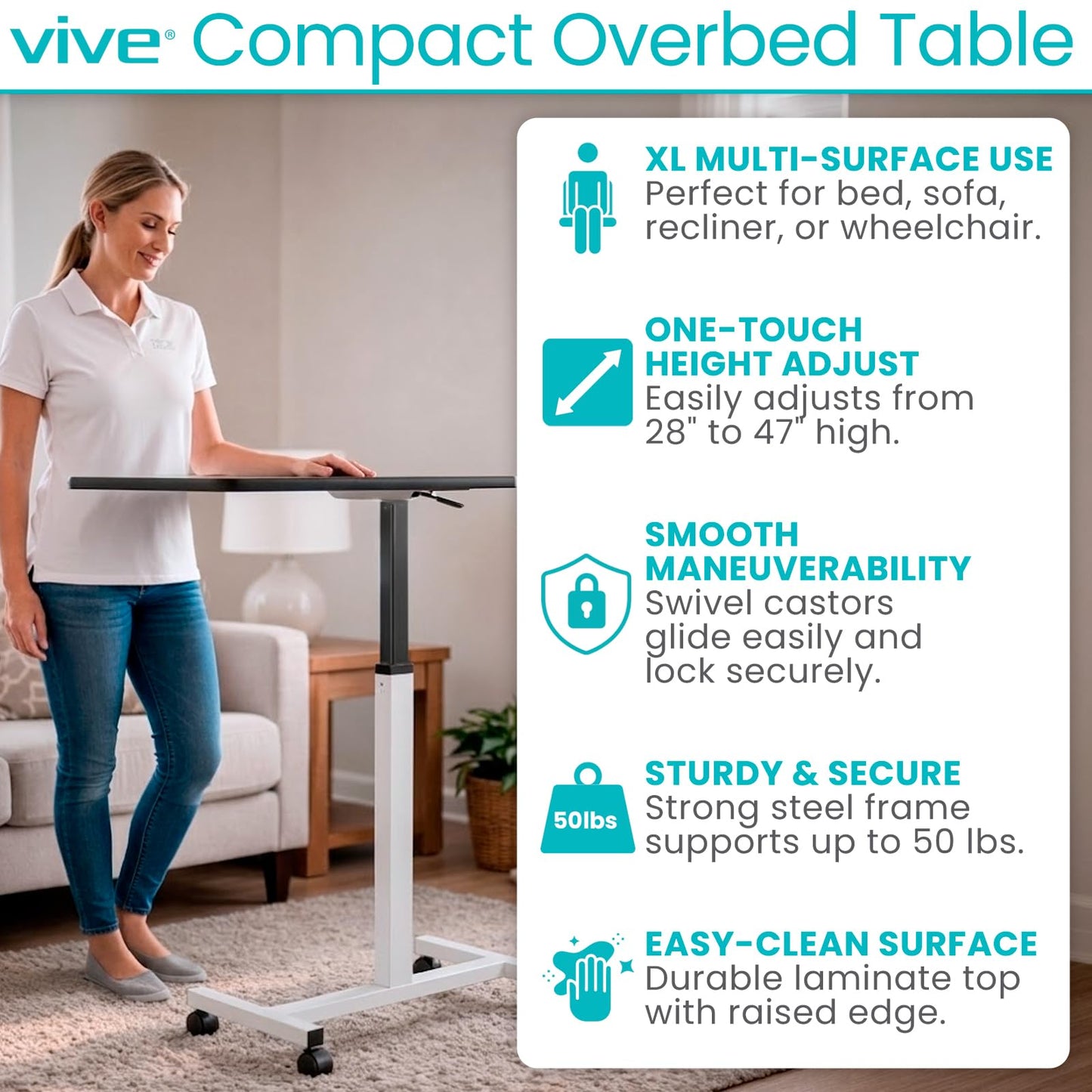 Vive Overbed Hospital Bed Table for Home Use - Adjustable Swivel Wheels & Tray for Over Bed - for Medical Bedside Chair - Adjustable Height, Tilt Top for Reading, Laptop, Bedridden, Elderly, Seniors