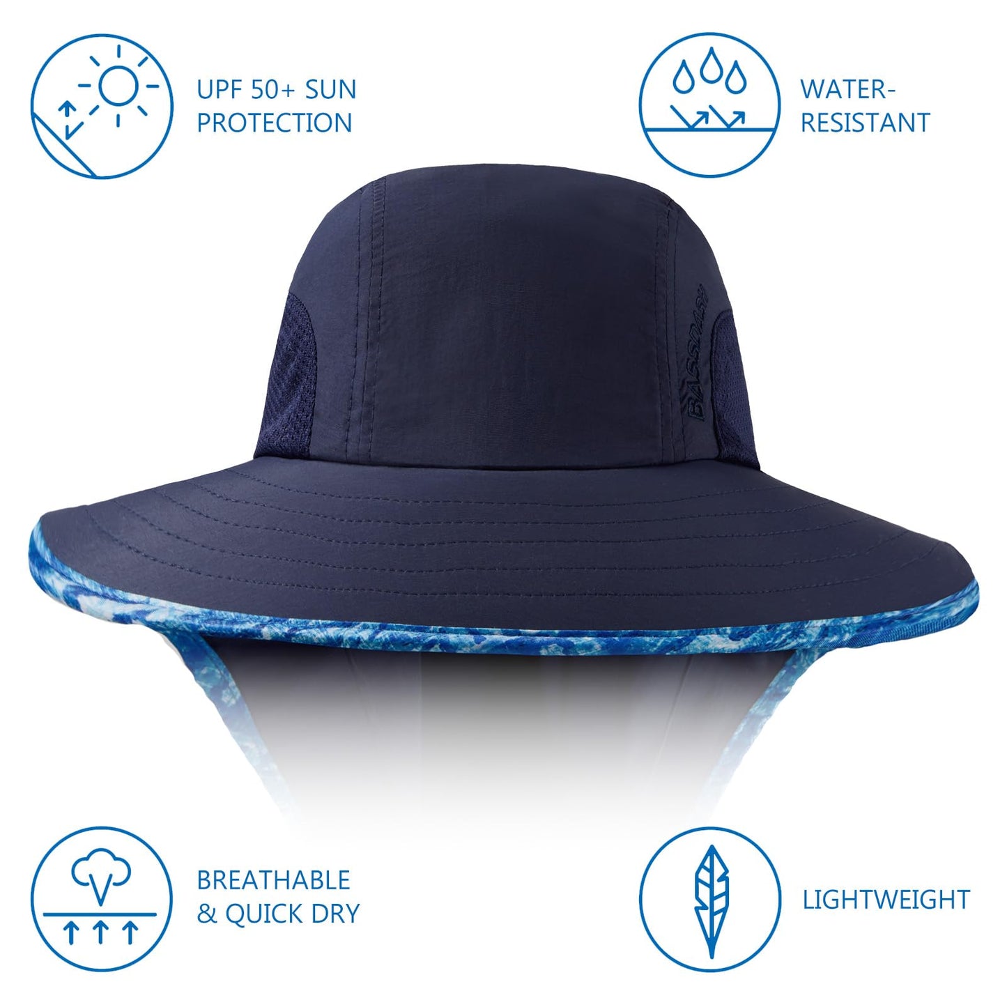 BASSDASH UPF 50+ Unisex Water Resistant Wide Brim Sun Hat with Large Neck Flap Ponytail Fishing Hat for Men Women