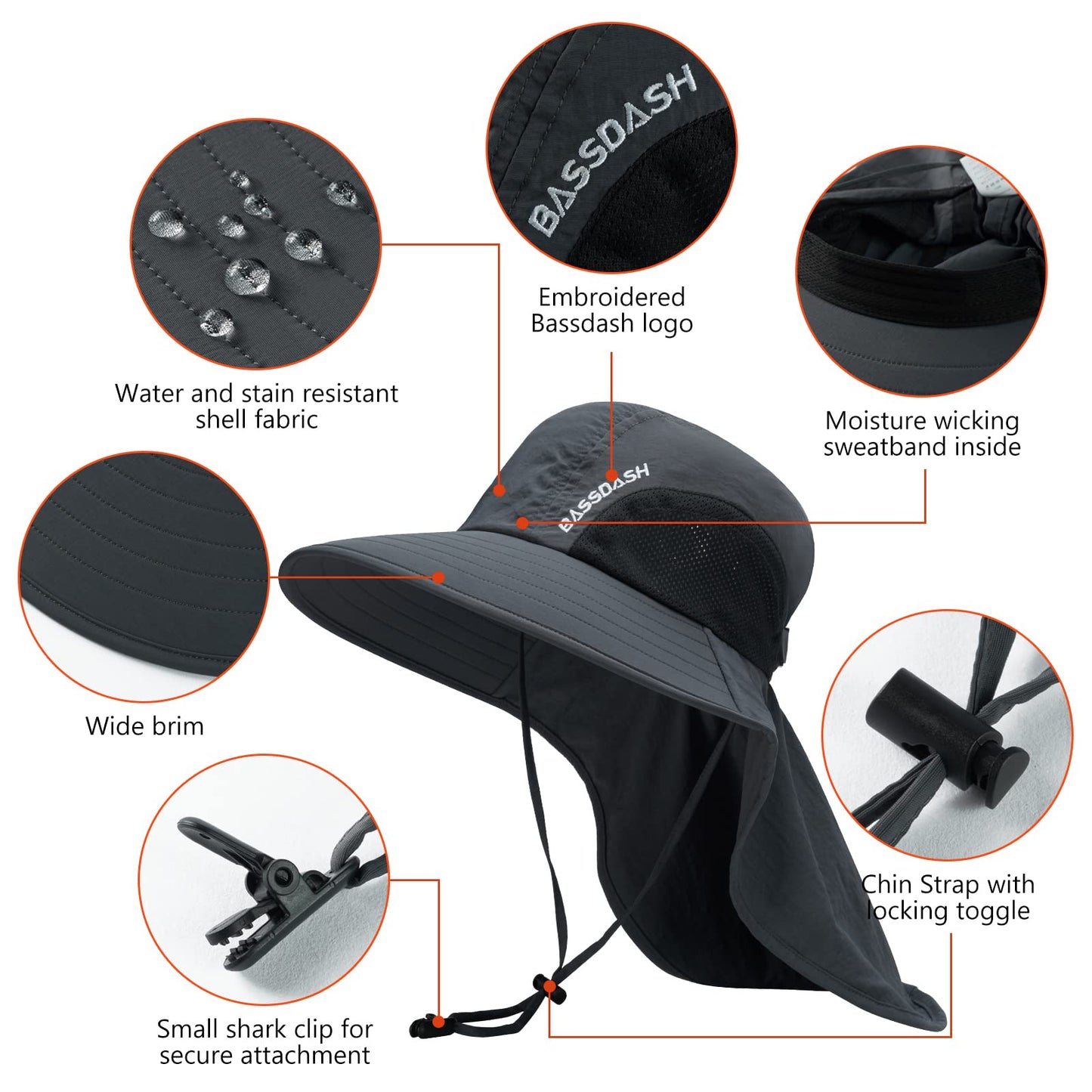 BASSDASH UPF 50+ Unisex Water Resistant Wide Brim Sun Hat with Large Neck Flap Ponytail Fishing Hat for Men Women