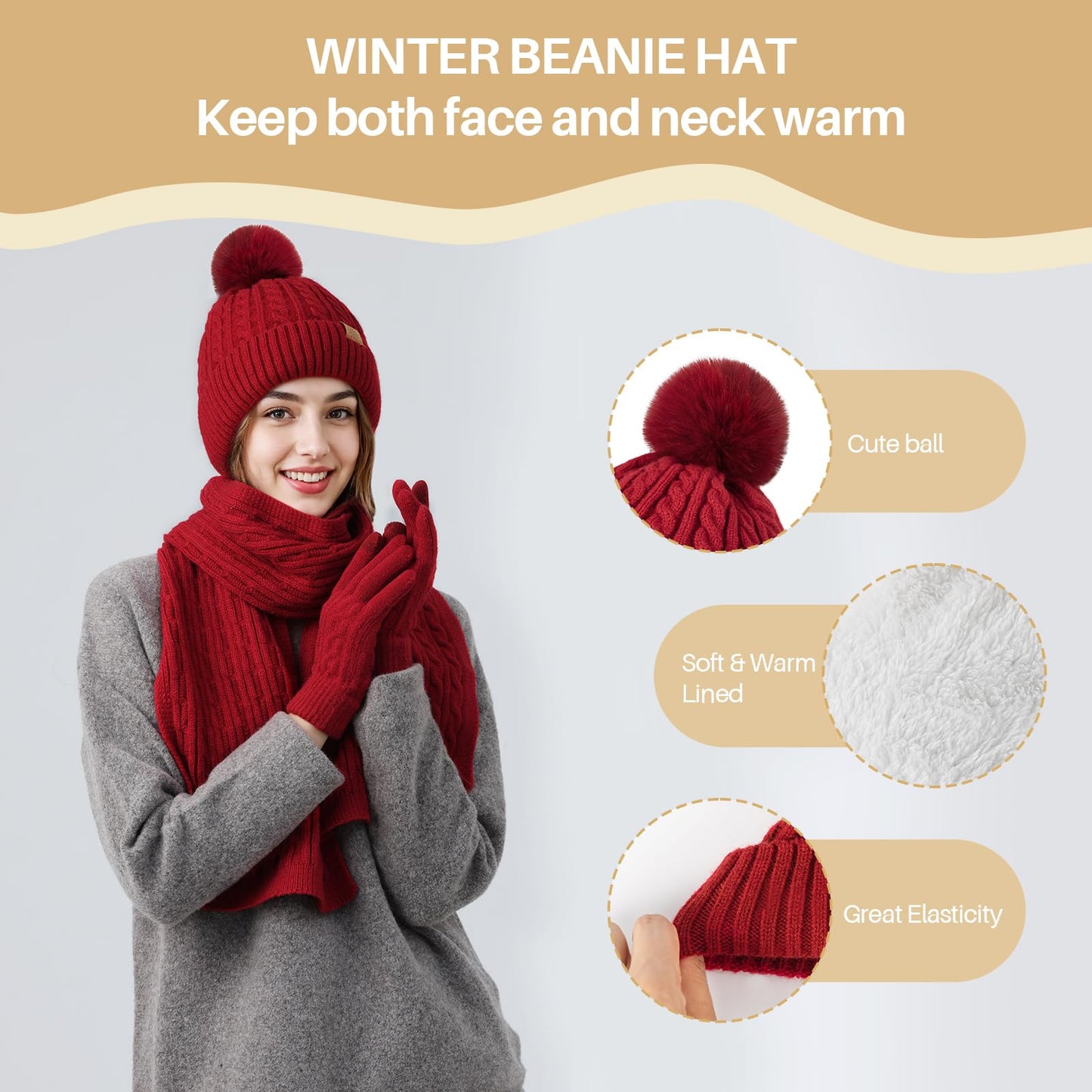 fauson Winter Hat Beanie Long Scarf Touchscreen Gloves Set, 3Pcs Fleece Lined Gloves Skull Cap Valentines Day Gifts for Her