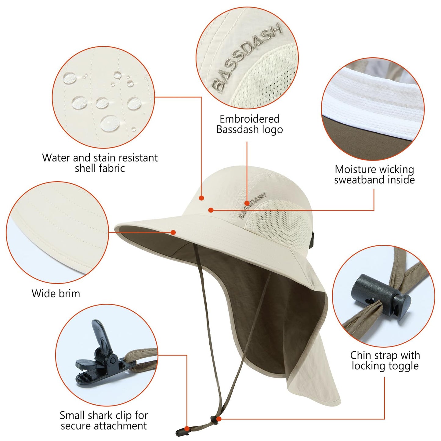 BASSDASH UPF 50+ Unisex Water Resistant Wide Brim Sun Hat with Large Neck Flap Ponytail Fishing Hat for Men Women