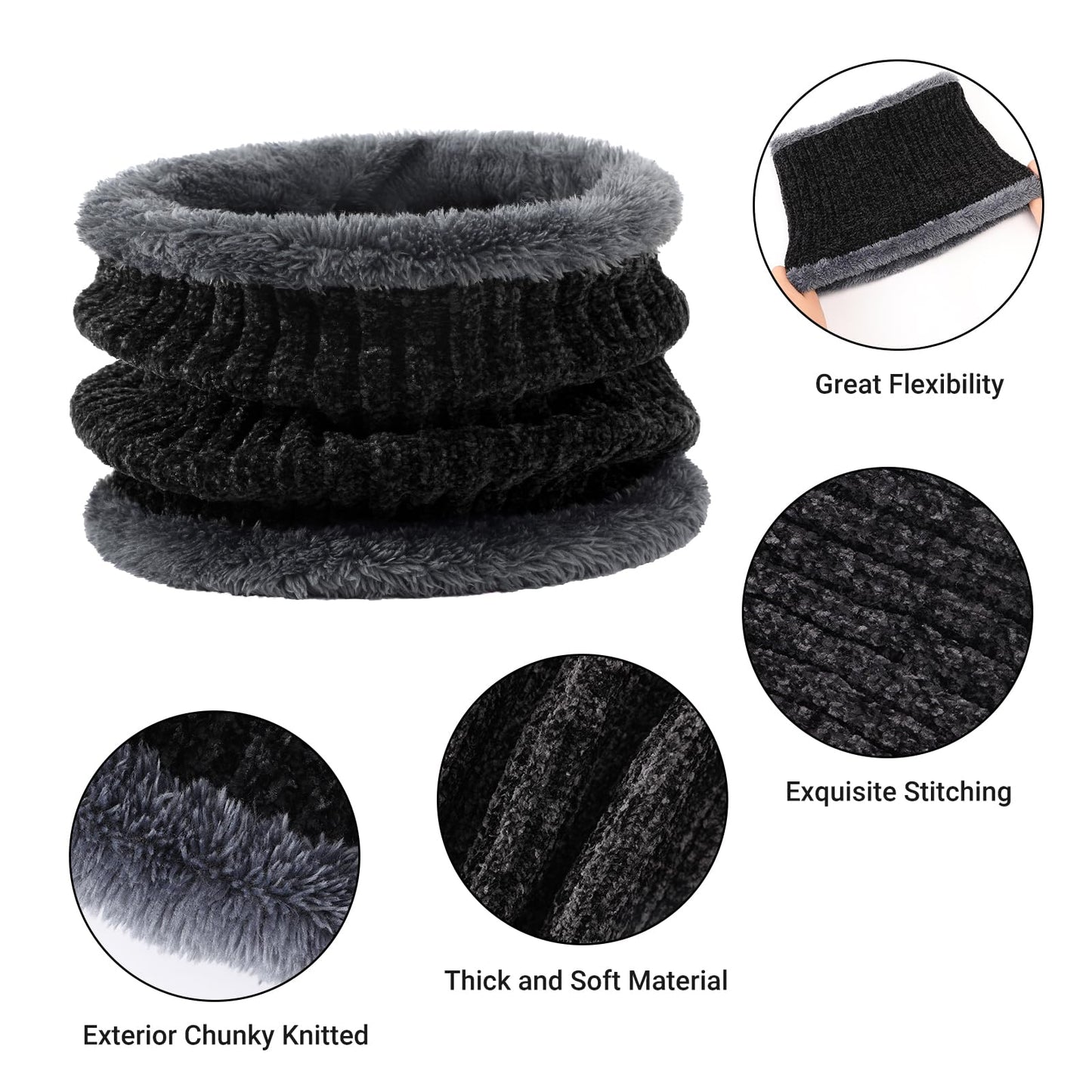 Winter Beanie Hat Circle Scarf Gloves Set for Men Women, Thick Warm Chenille Skull Cap Touchscreen Gloves Neck Warmer