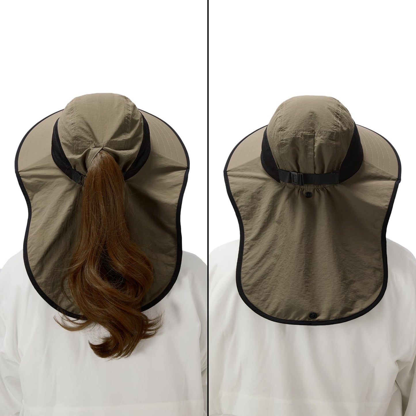 BASSDASH UPF 50+ Unisex Water Resistant Wide Brim Sun Hat with Large Neck Flap Ponytail Fishing Hat for Men Women