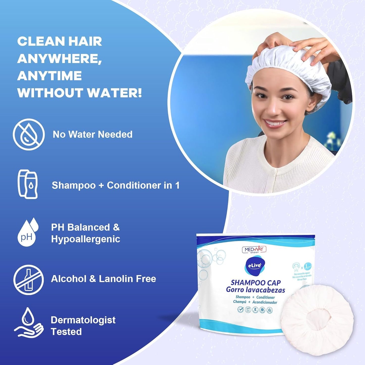 MedVance No Rinse Shampoo Cap, Rinse Free Shower Cap that Shampoos & Conditions, Elderly Care Products, Bedridden Patients, PH Balanced & Hypoallergenic, 3 Pack