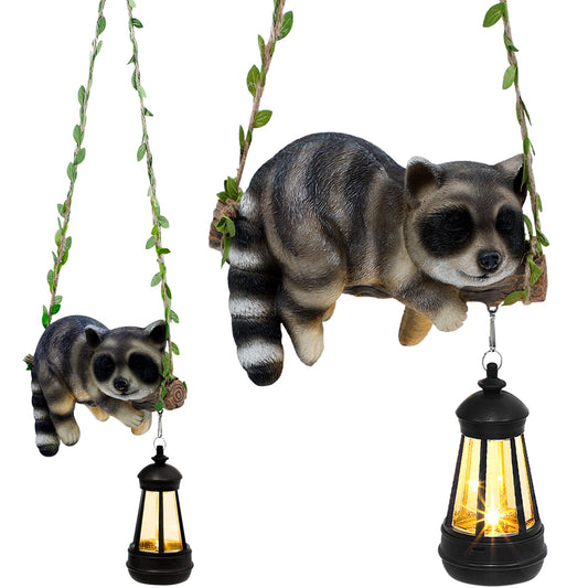 Solar Lighted Garden Outdoor Statue, 22.6" H Hanging Swing Lying with A Sleeping Cat and A LED Lantern, Resin Animal Figurine Hanging Ornaments with Hook for Decoration & Gift