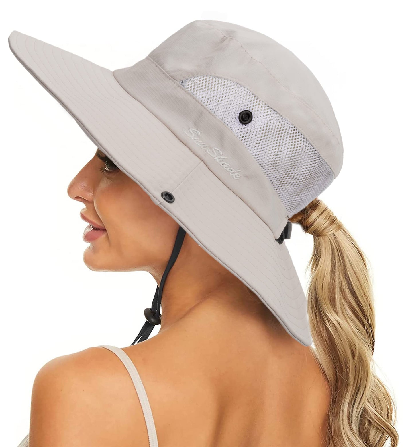 Women's Summer Sun-Hat Ponytail - Outdoor UV-Protection Mesh Wide Brim Foldable Hat with Ponytail Hole