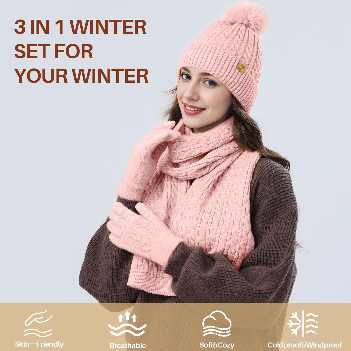 fauson Winter Hat Beanie Long Scarf Touchscreen Gloves Set, 3Pcs Fleece Lined Gloves Skull Cap Valentines Day Gifts for Her