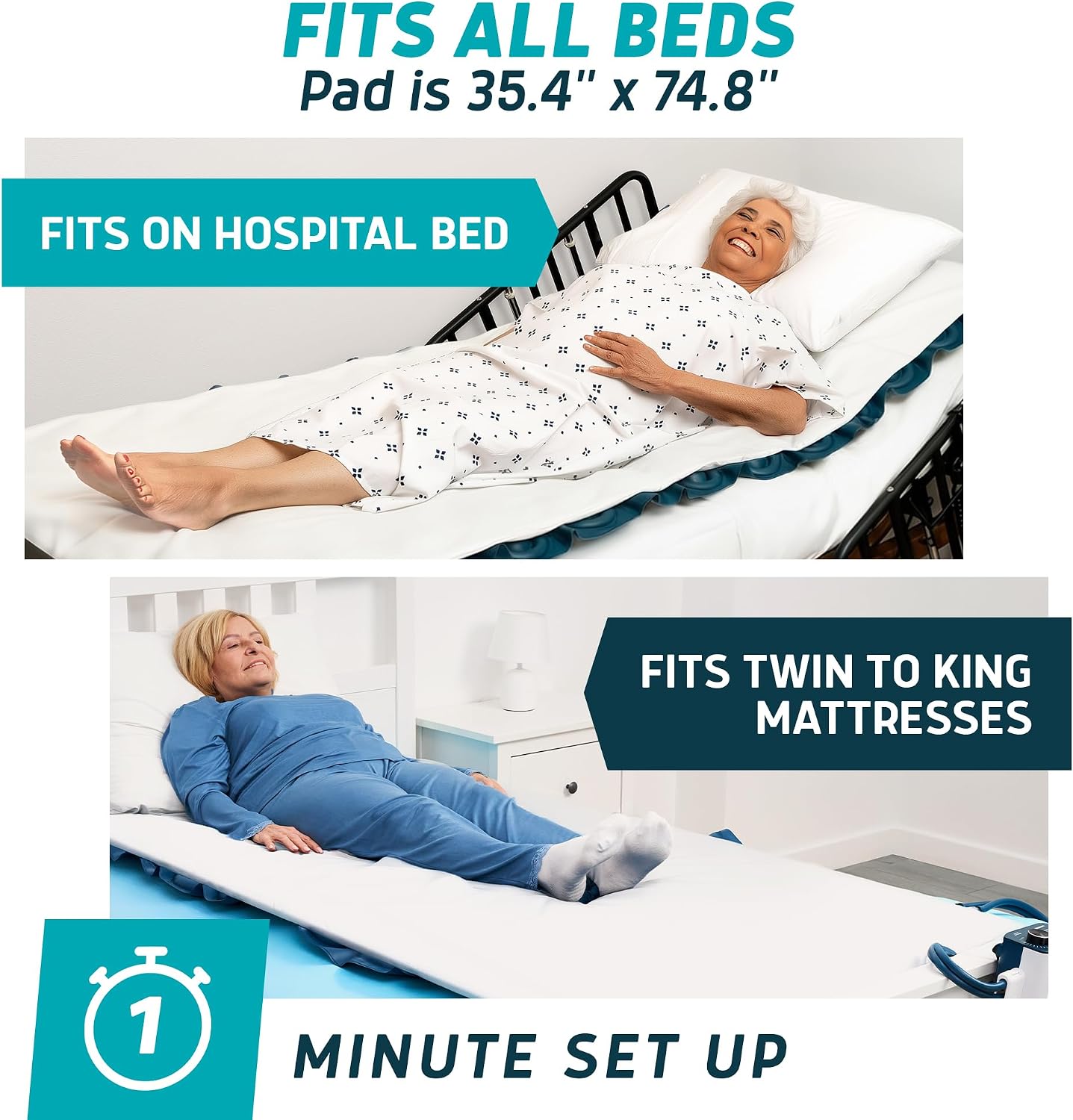 Lunderg Alternating Air Pressure Mattress Pad with Static Mode - Comfortable Bed Sore Prevention - Includes Waterproof Mattress Topper for Hospital Bed or Home & Quiet Pump - Doctors Recommended