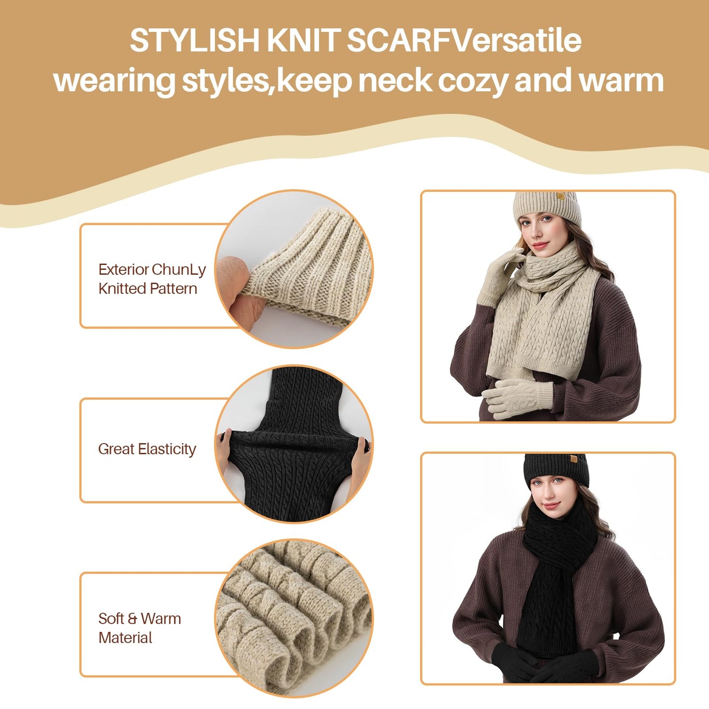 fauson Winter Hat Beanie Long Scarf Touchscreen Gloves Set, 3Pcs Fleece Lined Gloves Skull Cap Valentines Day Gifts for Her